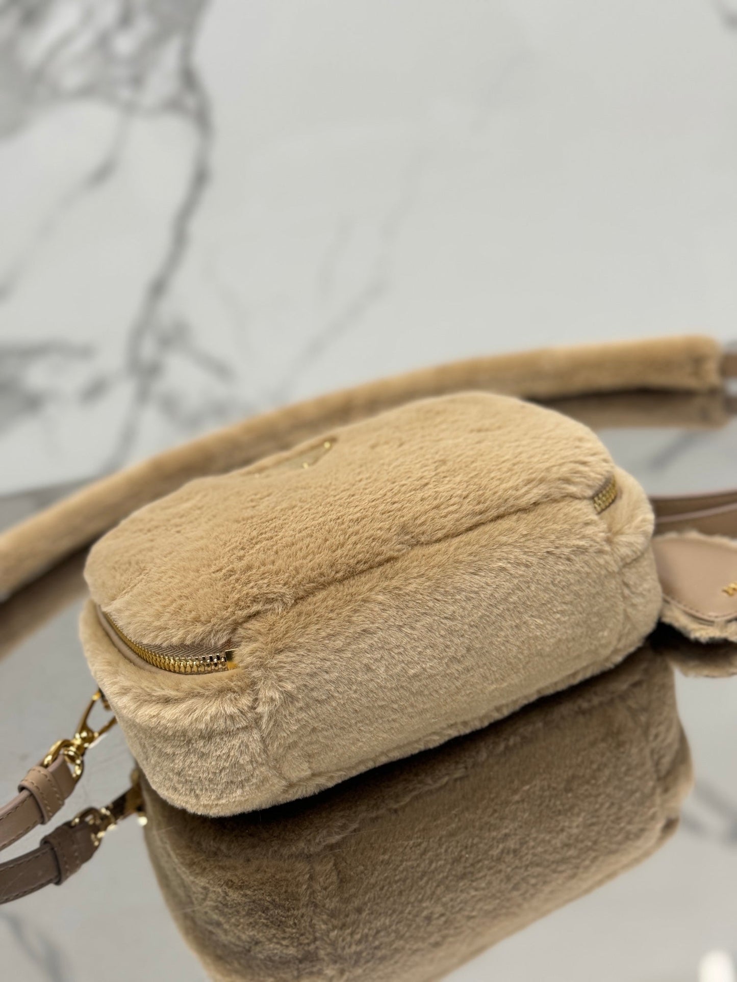 PRADA MINI SHOULDER BAG 19 IN BEIGE RABBIT FUR