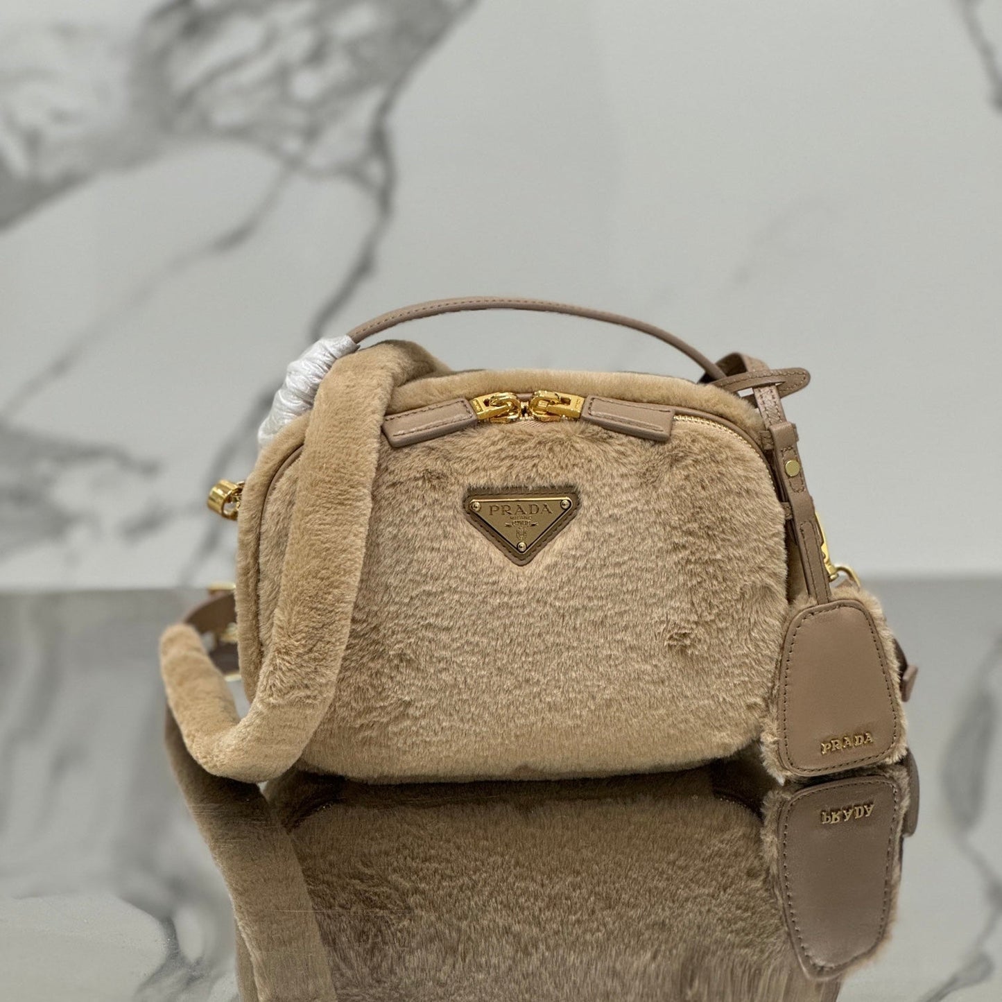 PRADA MINI SHOULDER BAG 19 IN BEIGE RABBIT FUR