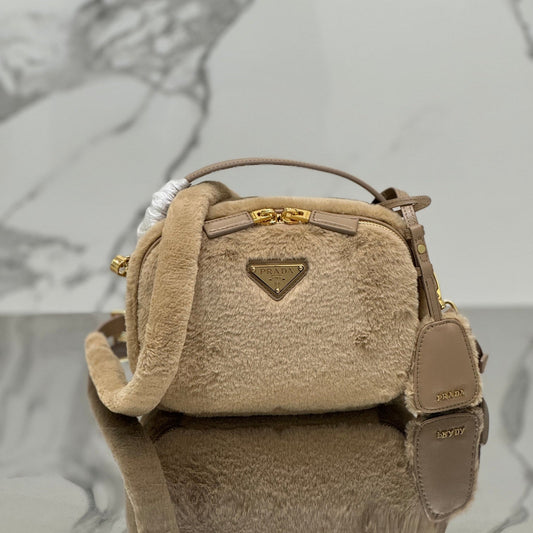 PRADA MINI SHOULDER BAG 19 IN BEIGE RABBIT FUR