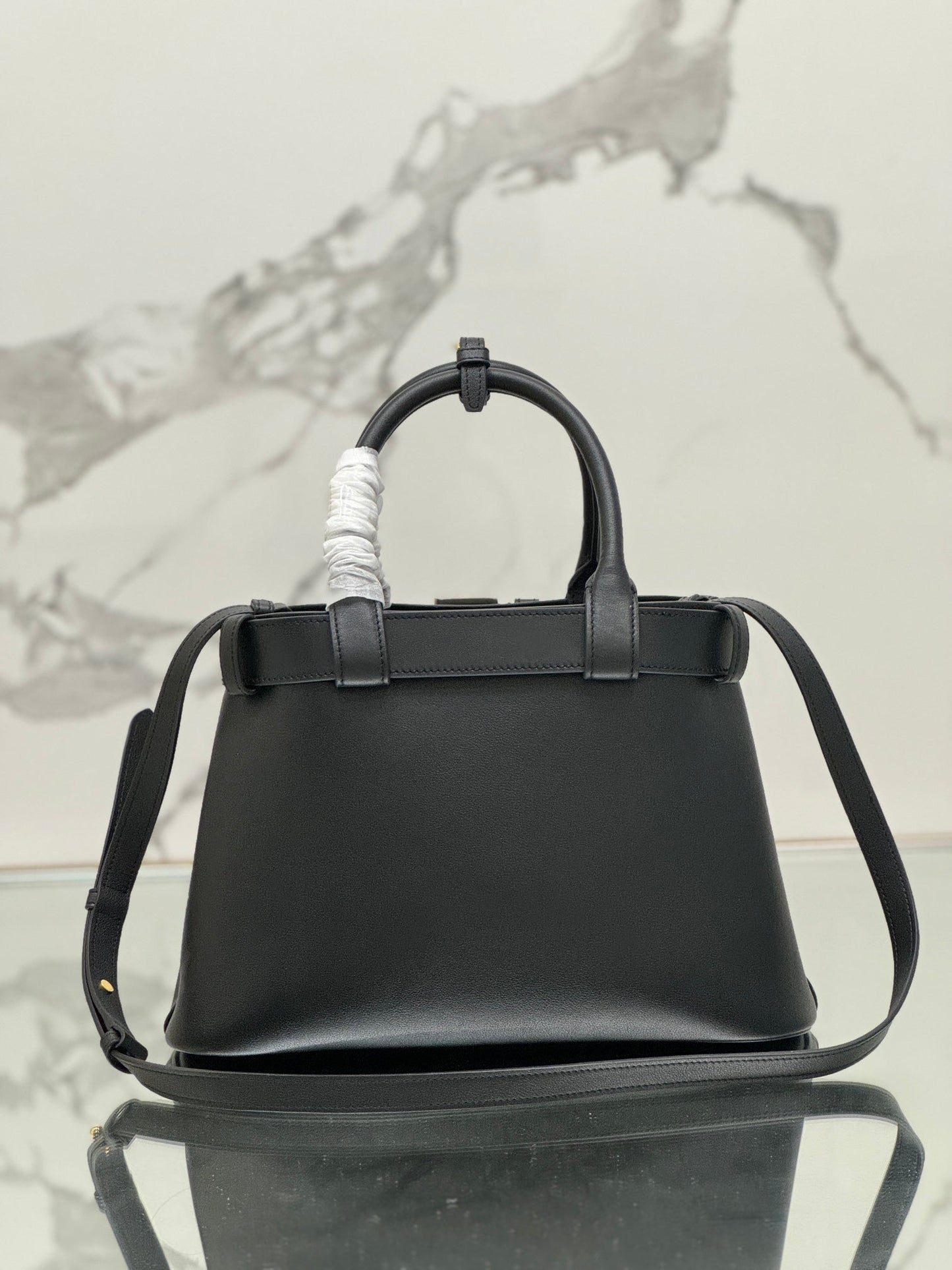 PRADA TOTE BAG WITH BELT 32 IN BLACK IMPORTED CALFSKIN