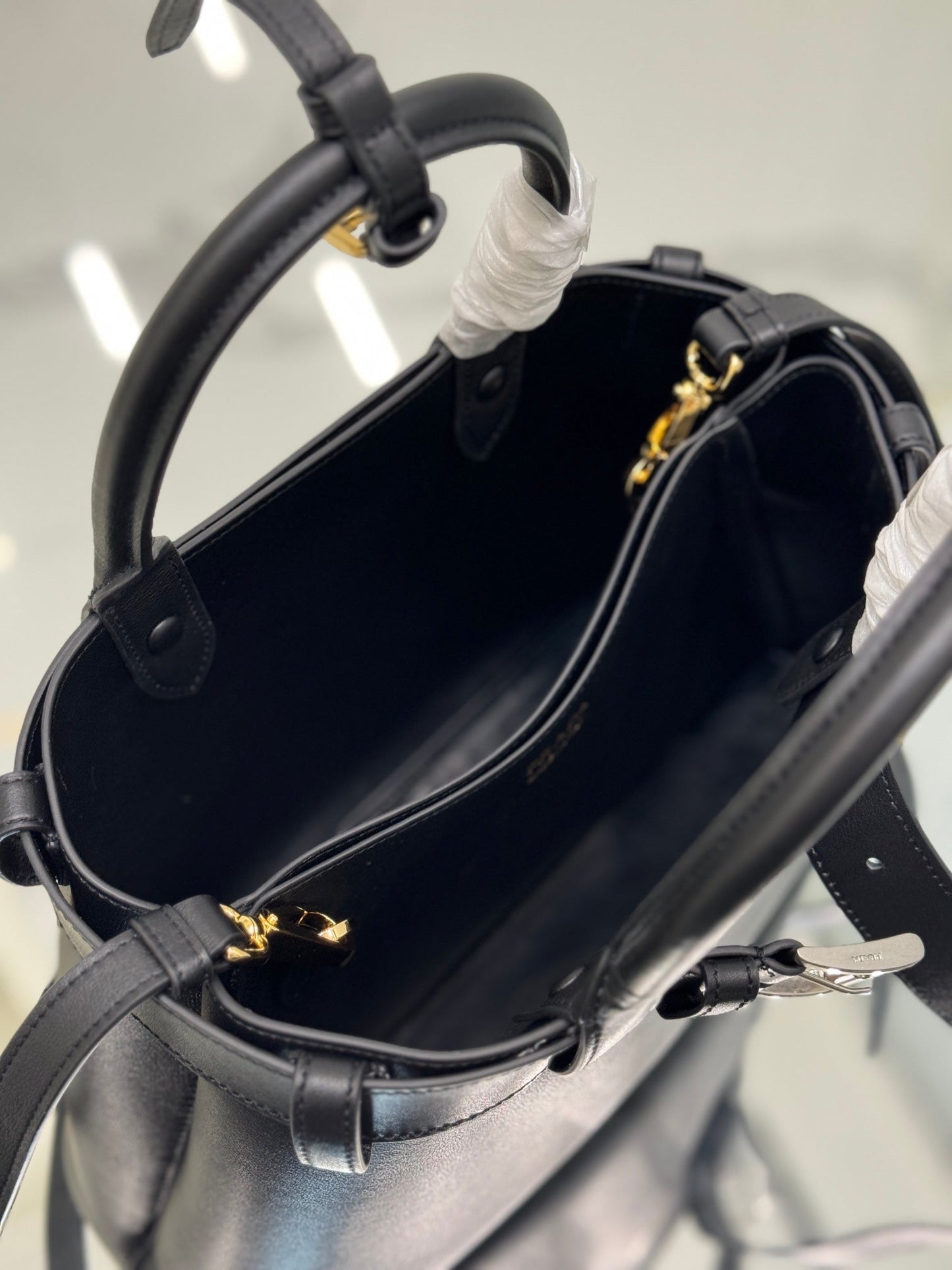 PRADA TOTE BAG WITH BELT 32 IN BLACK IMPORTED CALFSKIN