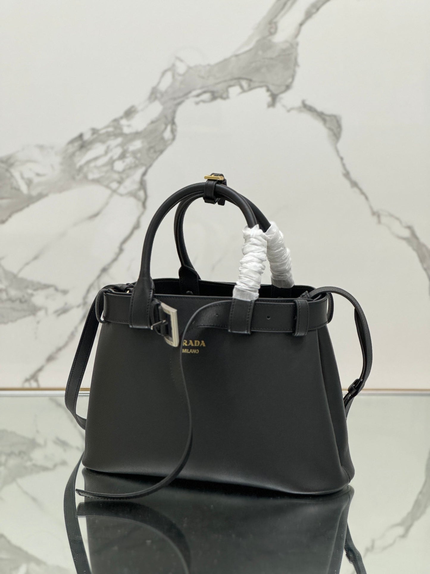 PRADA TOTE BAG WITH BELT 32 IN BLACK IMPORTED CALFSKIN