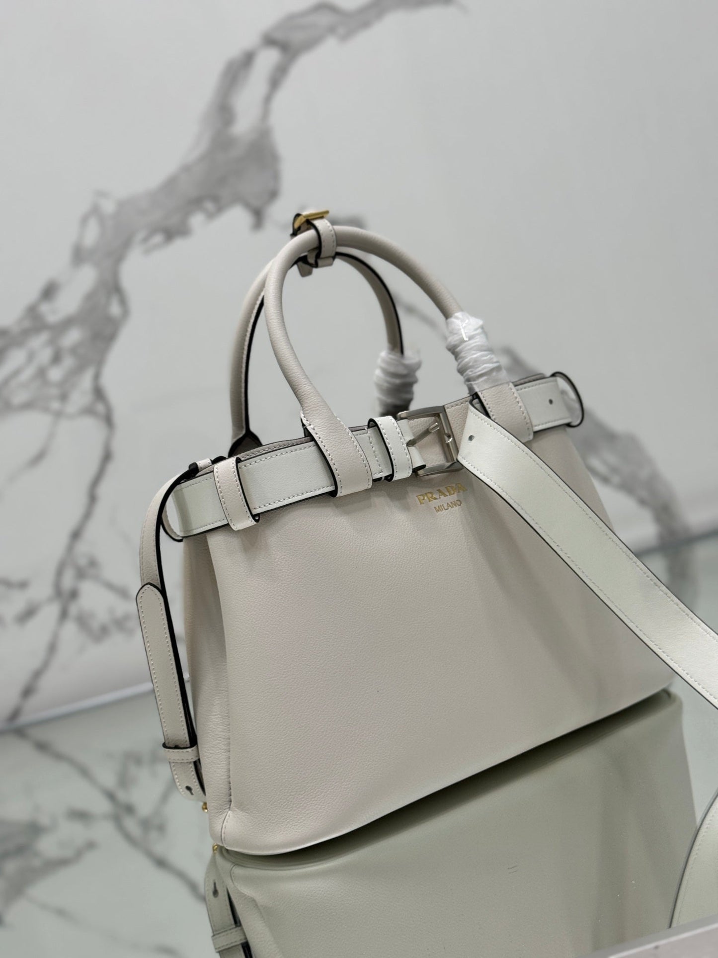 PRADA TOTE BAG WITH BELT 32 IN WHITE IMPORTED CALFSKIN