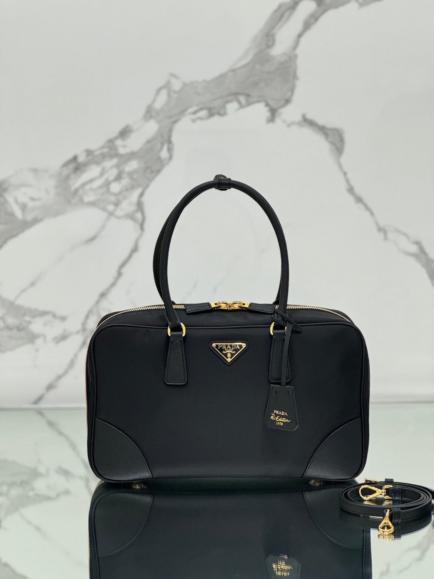 PRADA LARGE TOP HANDLE BAG 35 IN BLACK NYLON AND CALFSKIN TRIM