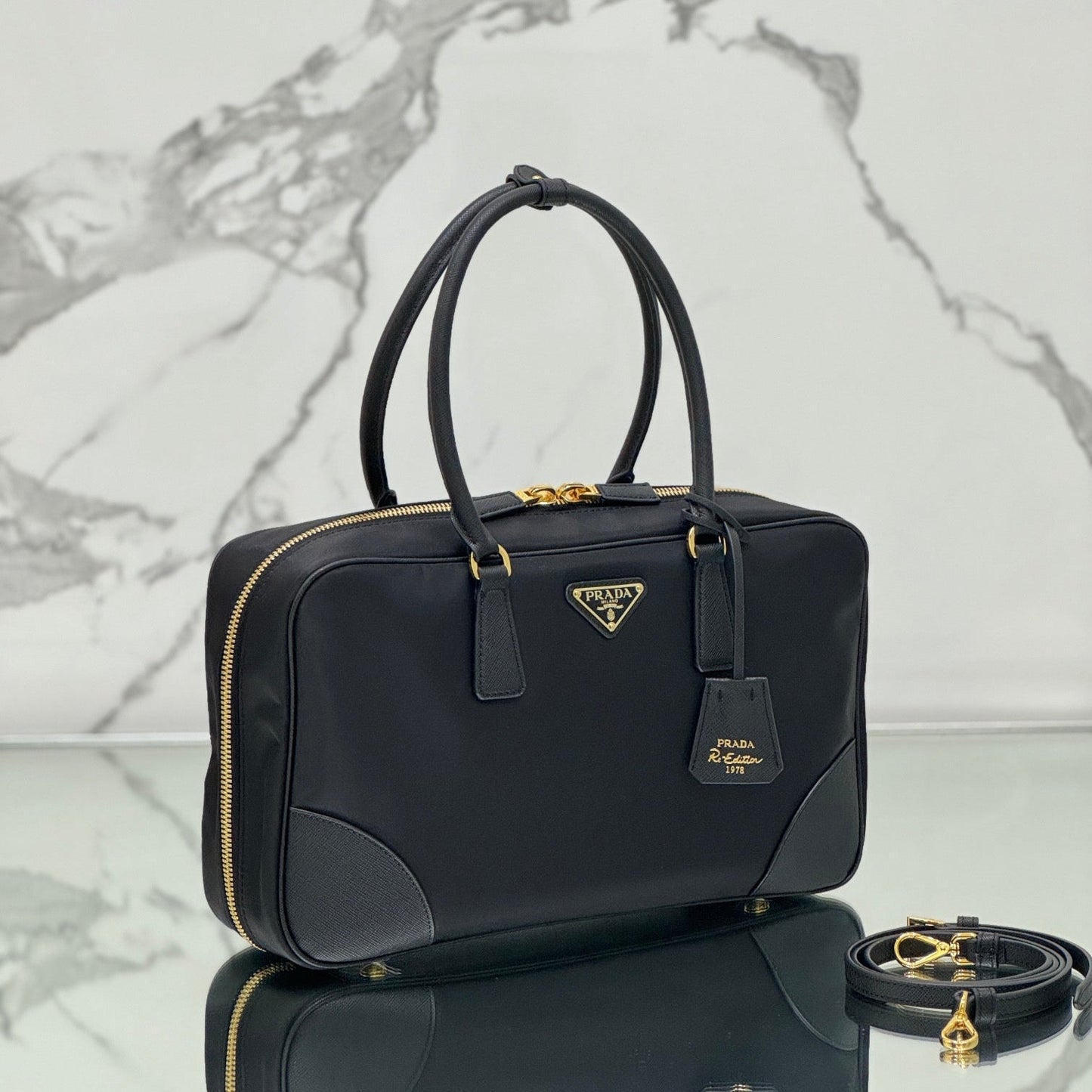 PRADA LARGE TOP HANDLE BAG 35 IN BLACK NYLON AND CALFSKIN TRIM