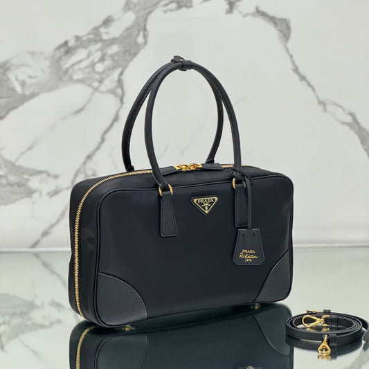 PRADA LARGE TOP HANDLE BAG 35 IN BLACK NYLON AND CALFSKIN TRIM