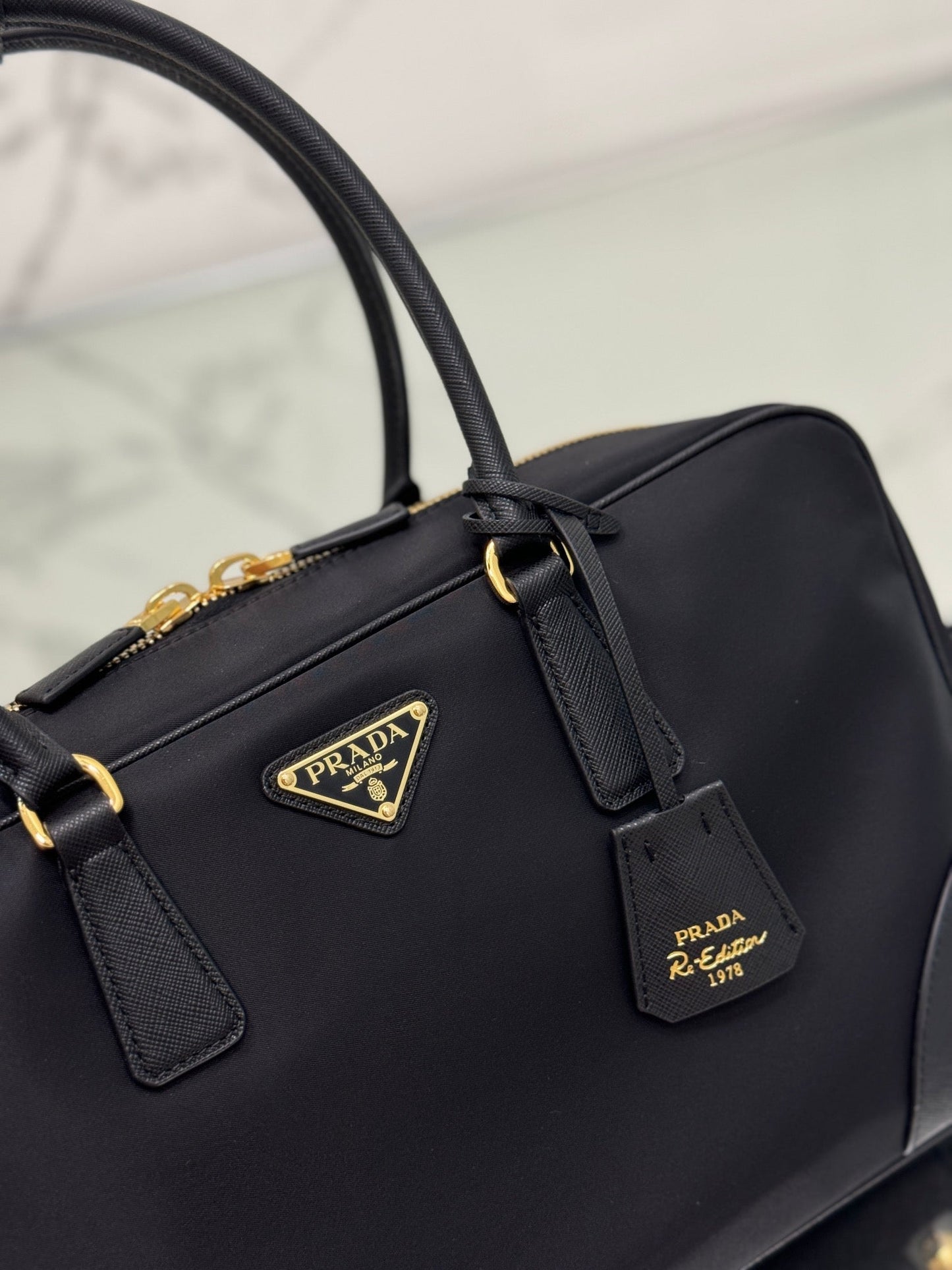 PRADA LARGE TOP HANDLE BAG 35 IN BLACK NYLON AND CALFSKIN TRIM