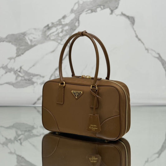 PRADA MEDIUM TOP HANDLE BAG 30 IN CHERRY WOOD NYLON AND CALFSKIN TRIM