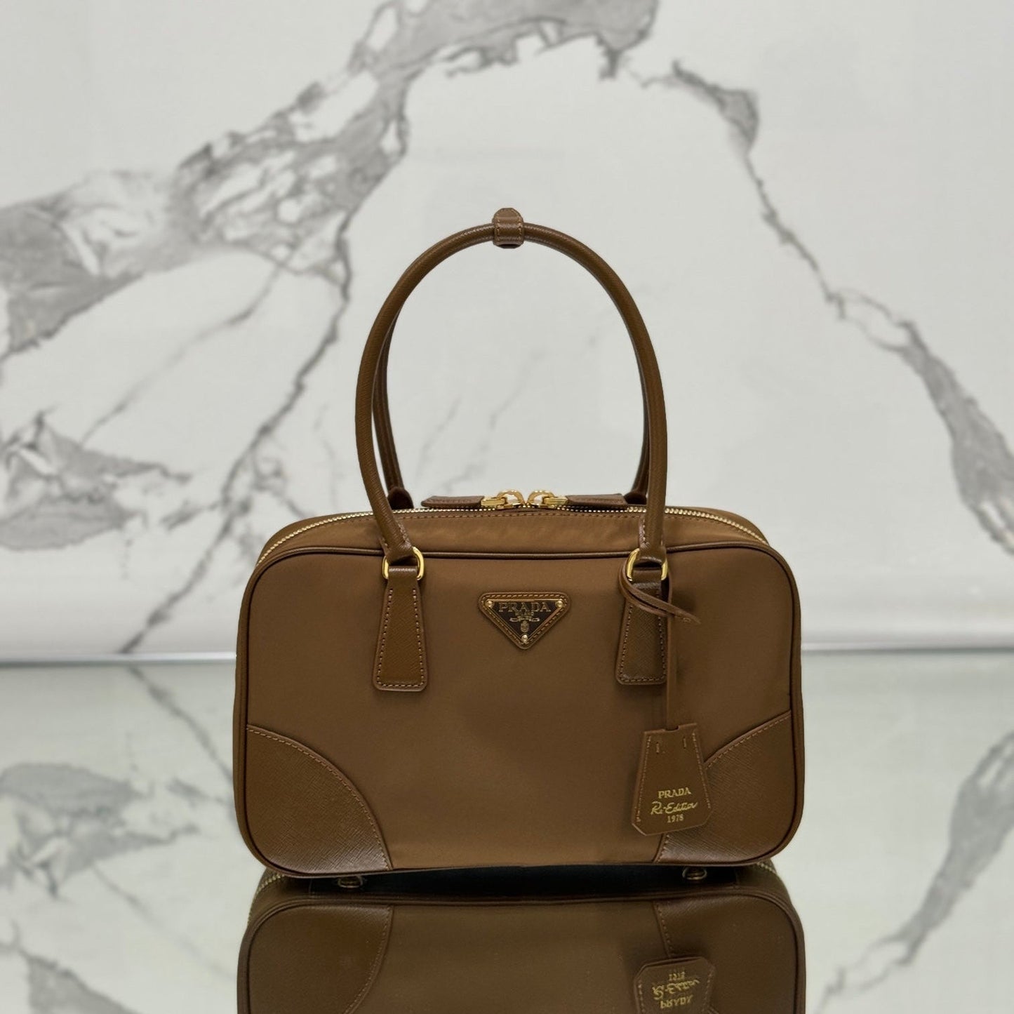 PRADA MEDIUM TOP HANDLE BAG 30 IN CHERRY WOOD NYLON AND CALFSKIN TRIM