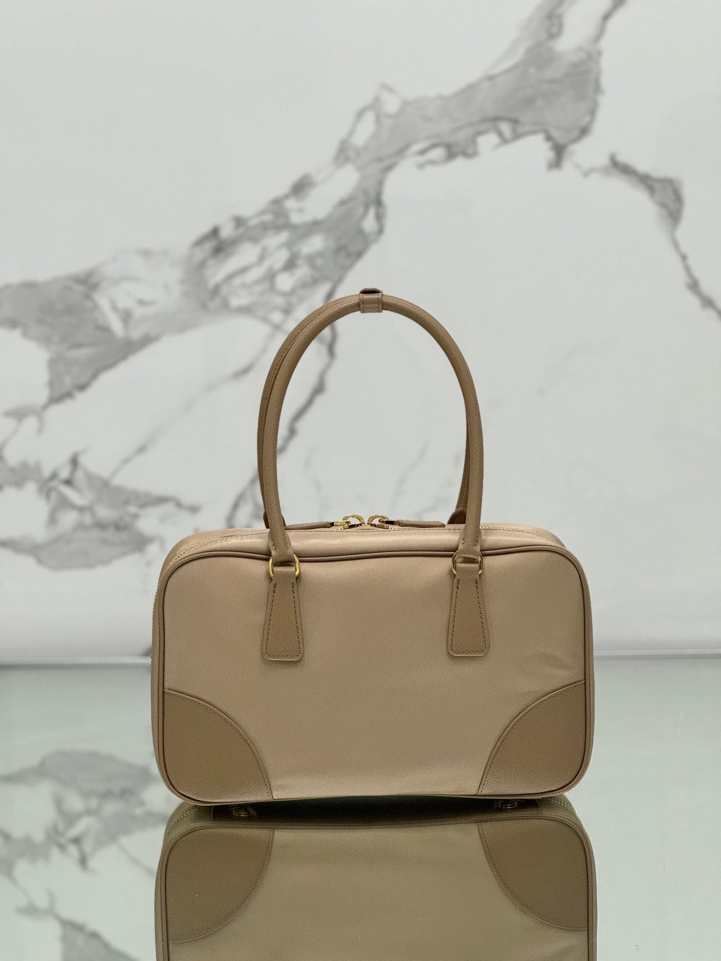 PRADA MEDIUM TOP HANDLE BAG 30 IN DRIED MOSS NYLON AND CALFSKIN TRIM