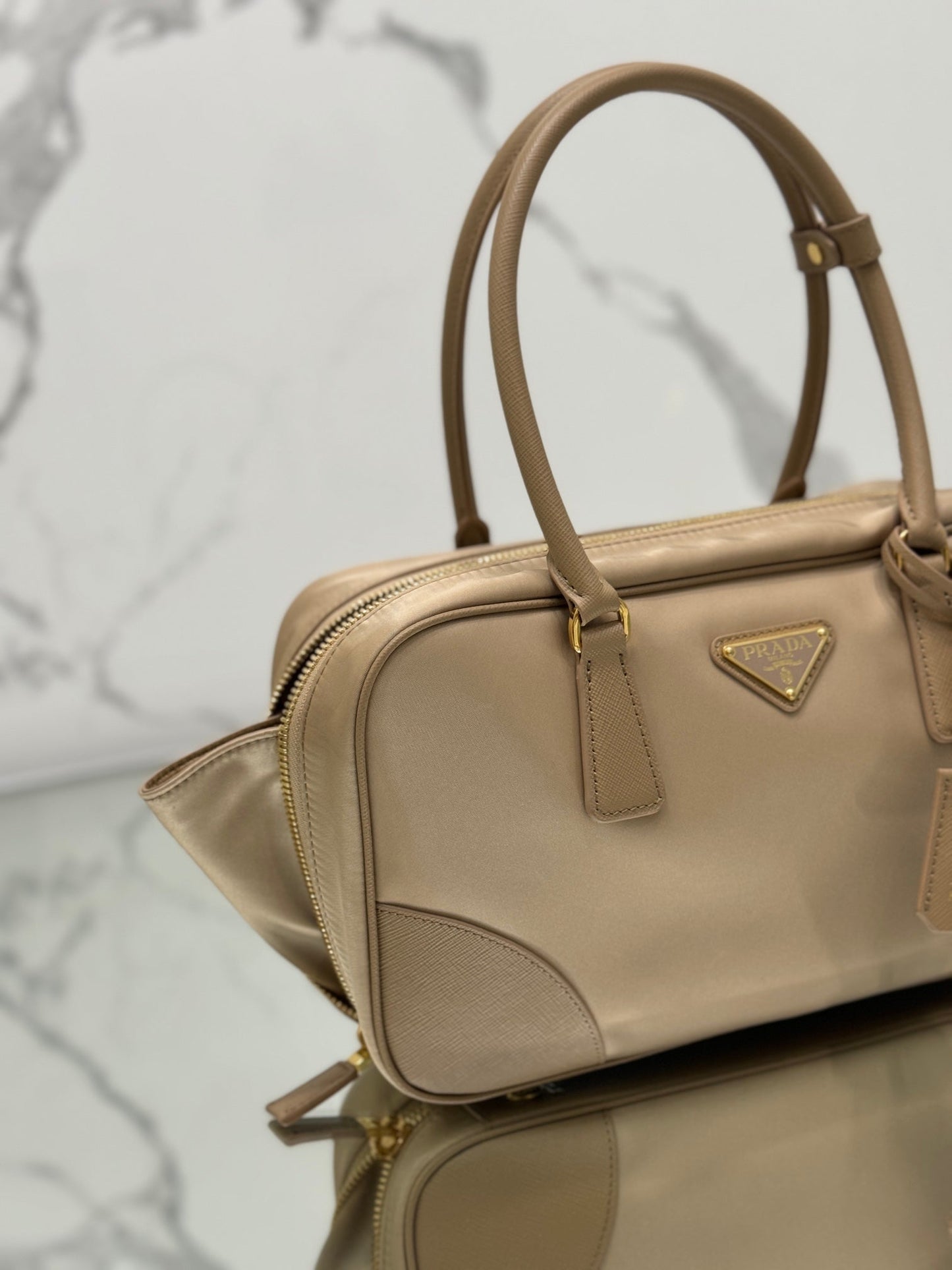 PRADA LARGE TOP HANDLE BAG 35 IN DRIED MOSS NYLON AND CALFSKIN TRIM
