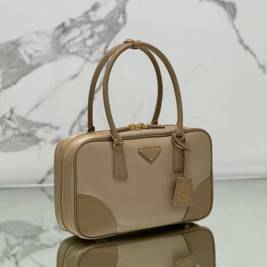 PRADA MEDIUM TOP HANDLE BAG 30 IN DRIED MOSS NYLON AND CALFSKIN TRIM