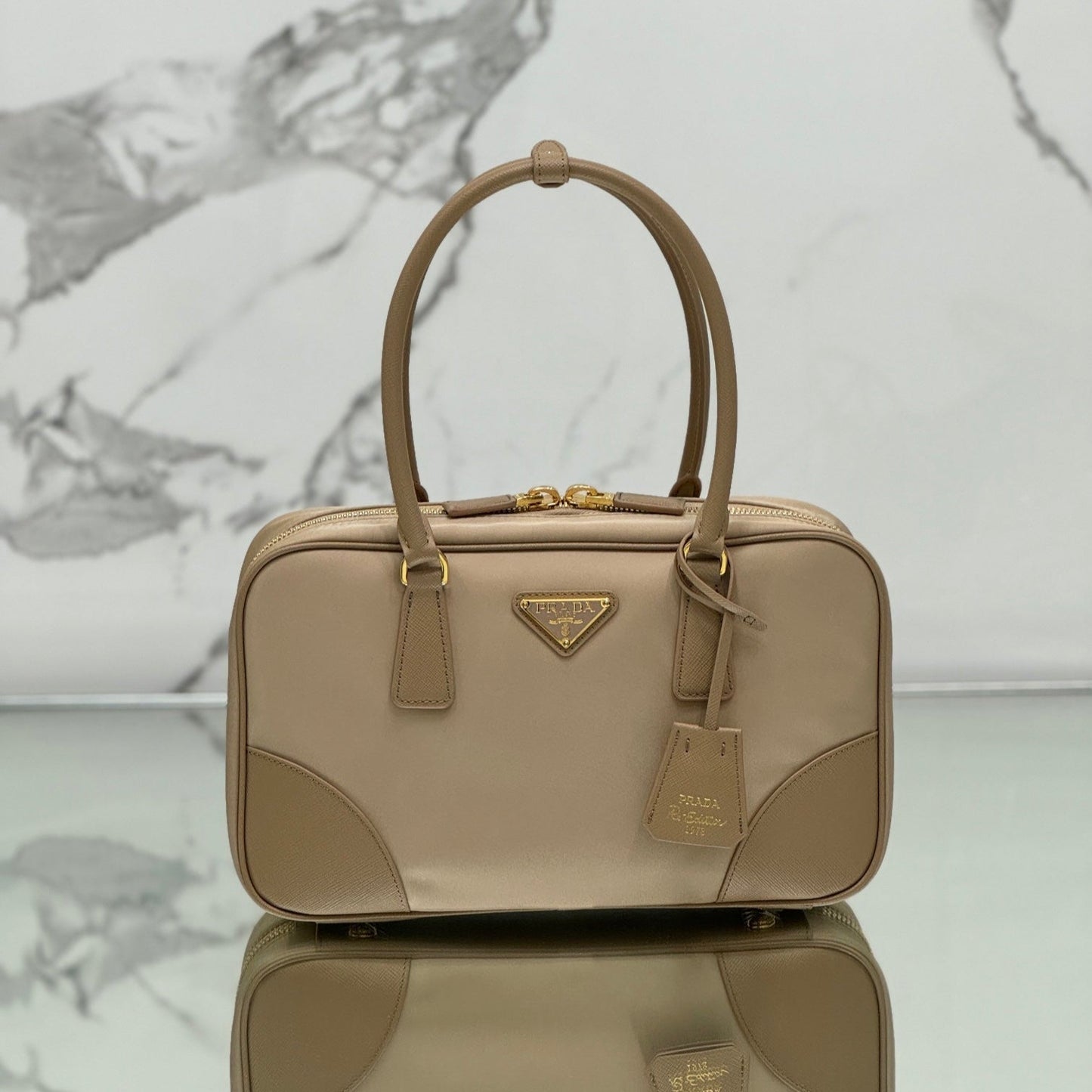 PRADA MEDIUM TOP HANDLE BAG 30 IN DRIED MOSS NYLON AND CALFSKIN TRIM