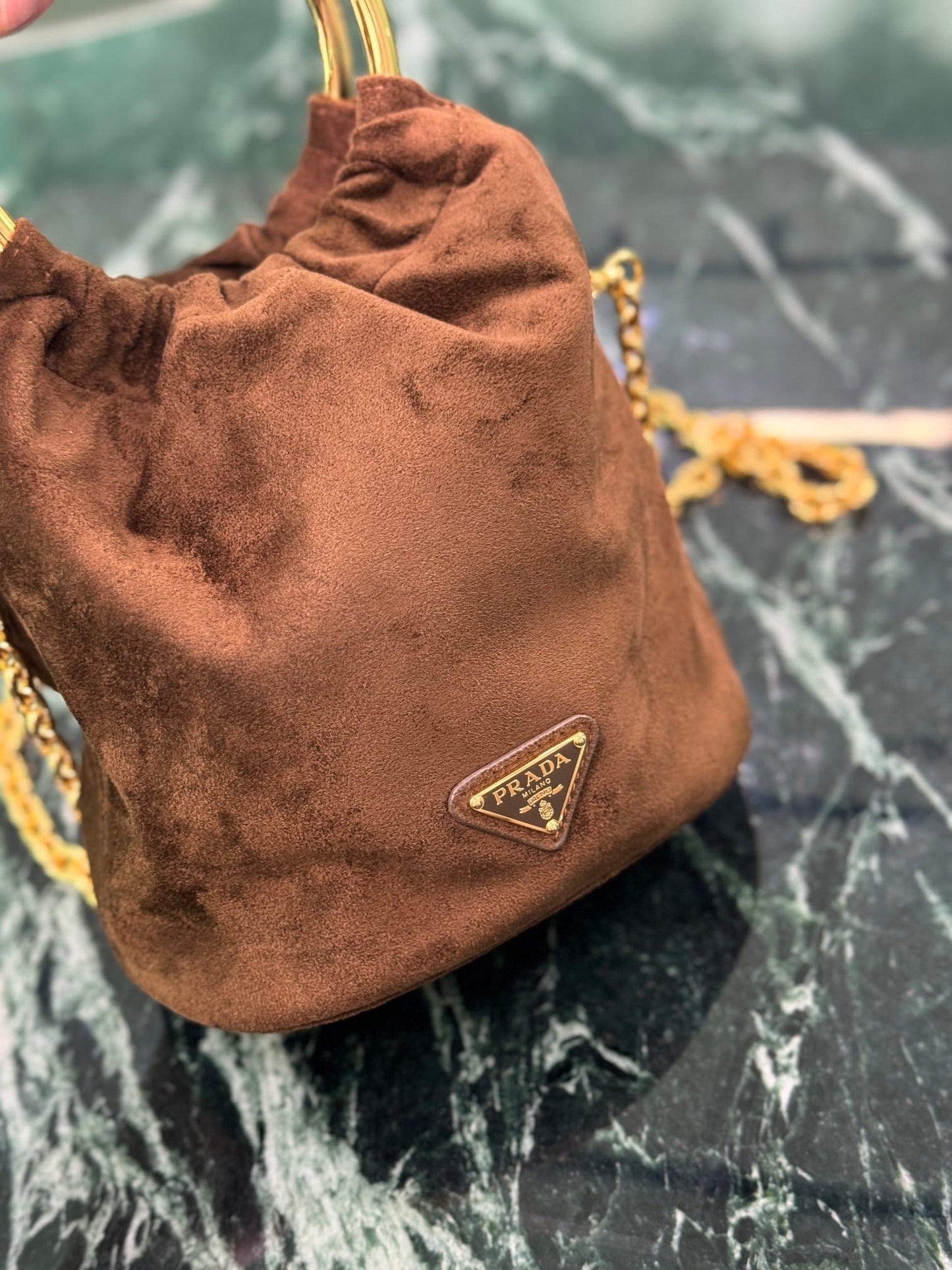 PRADA MINI BUCKET BAG 19 IN CHOCOLATE SOFT SUEDE GOLD HARDWARE