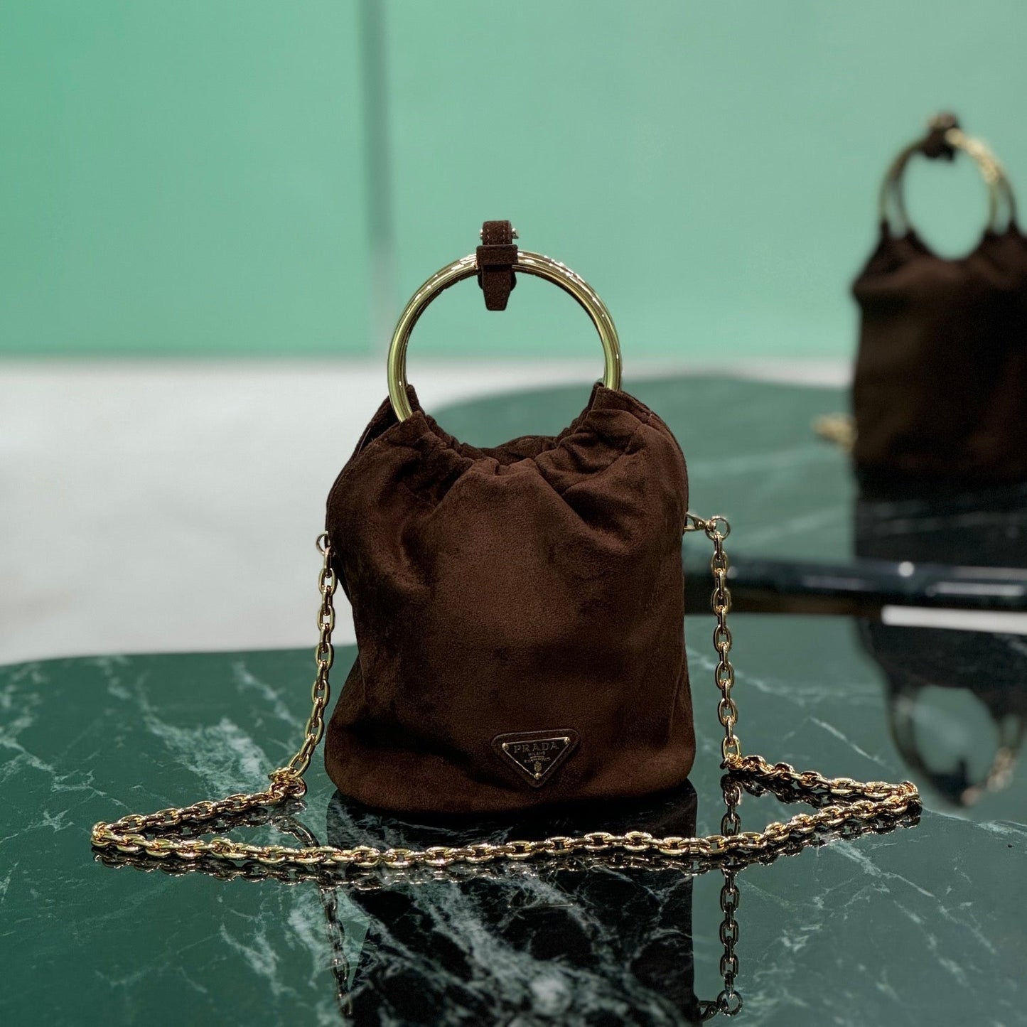PRADA MINI BUCKET BAG 19 IN CHOCOLATE SOFT SUEDE GOLD HARDWARE