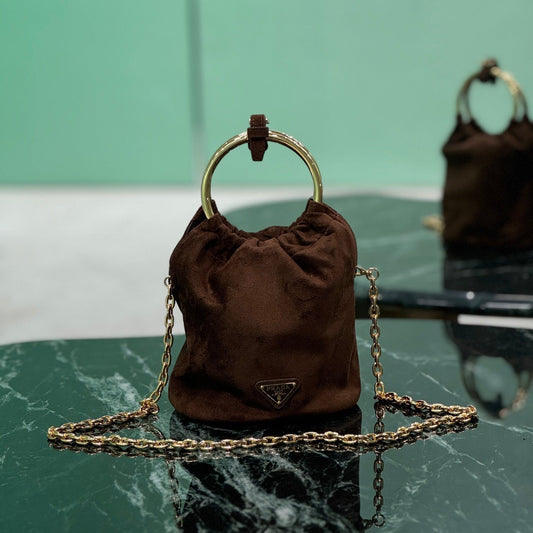PRADA MINI BUCKET BAG 19 IN CHOCOLATE SOFT SUEDE GOLD HARDWARE