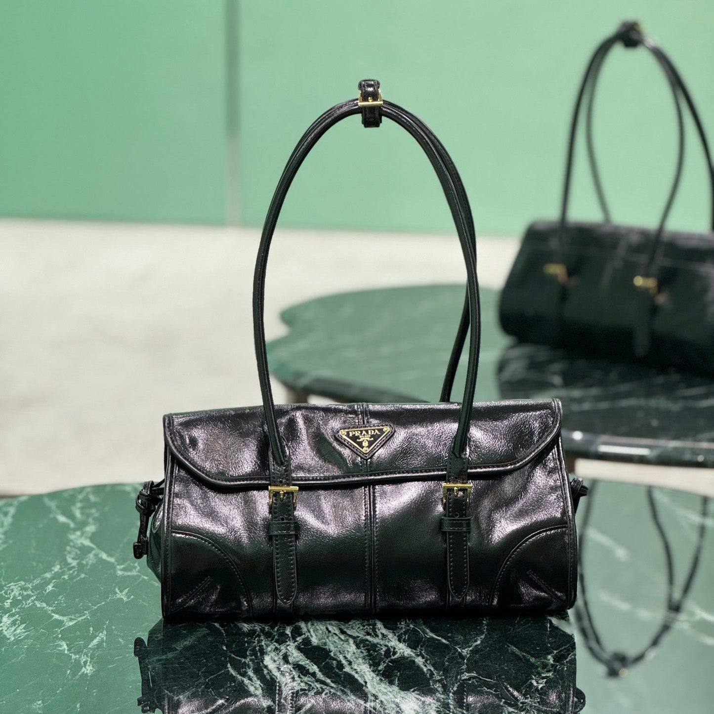 PRADA HANDBAG 31 IN BLACK OIL WAX LAMBSKIN