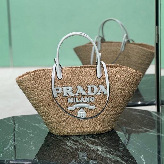 PRADA LARGE TOTE BAG 56 IN BEIGE RAFFIA GRASS AND WHITE CALFSKIN TRIM