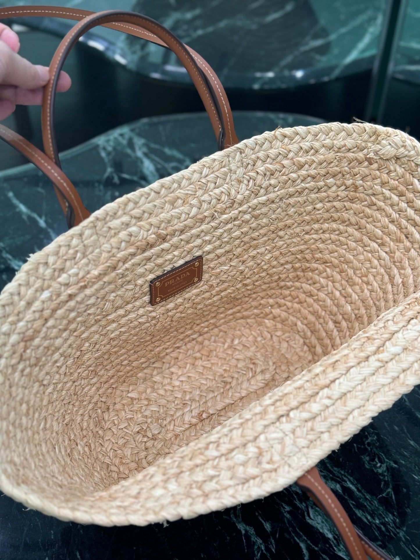 PRADA LARGE TOTE BAG 56 IN BEIGE RAFFIA GRASS AND BROWN CALFSKIN TRIM
