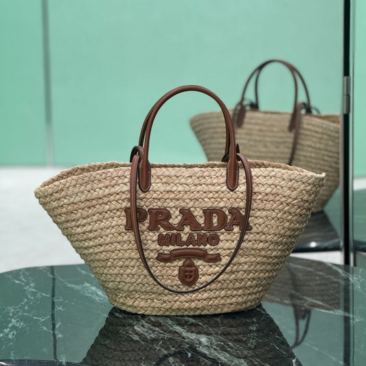 PRADA LARGE TOTE BAG 56 IN BEIGE RAFFIA GRASS AND BROWN CALFSKIN TRIM