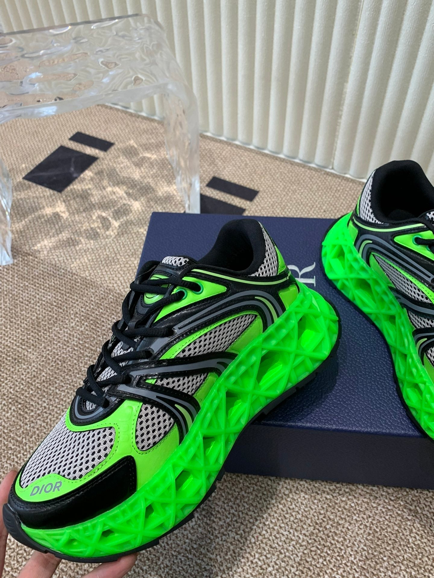 DIOR Sneaker B35 In Green Mix White Black Calfskin And Fabric 113119