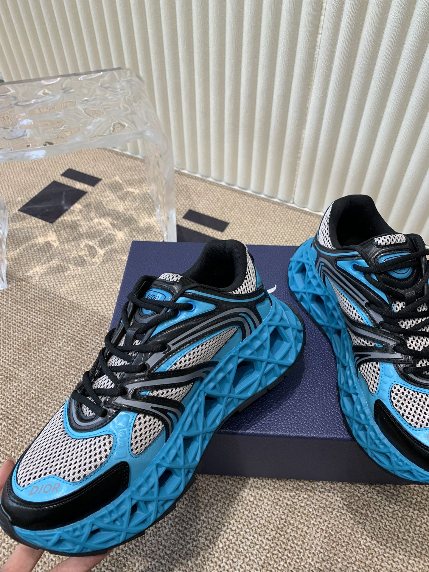 DIOR Sneaker B35 In Blue Mix White Black Calfskin And Fabric 113121