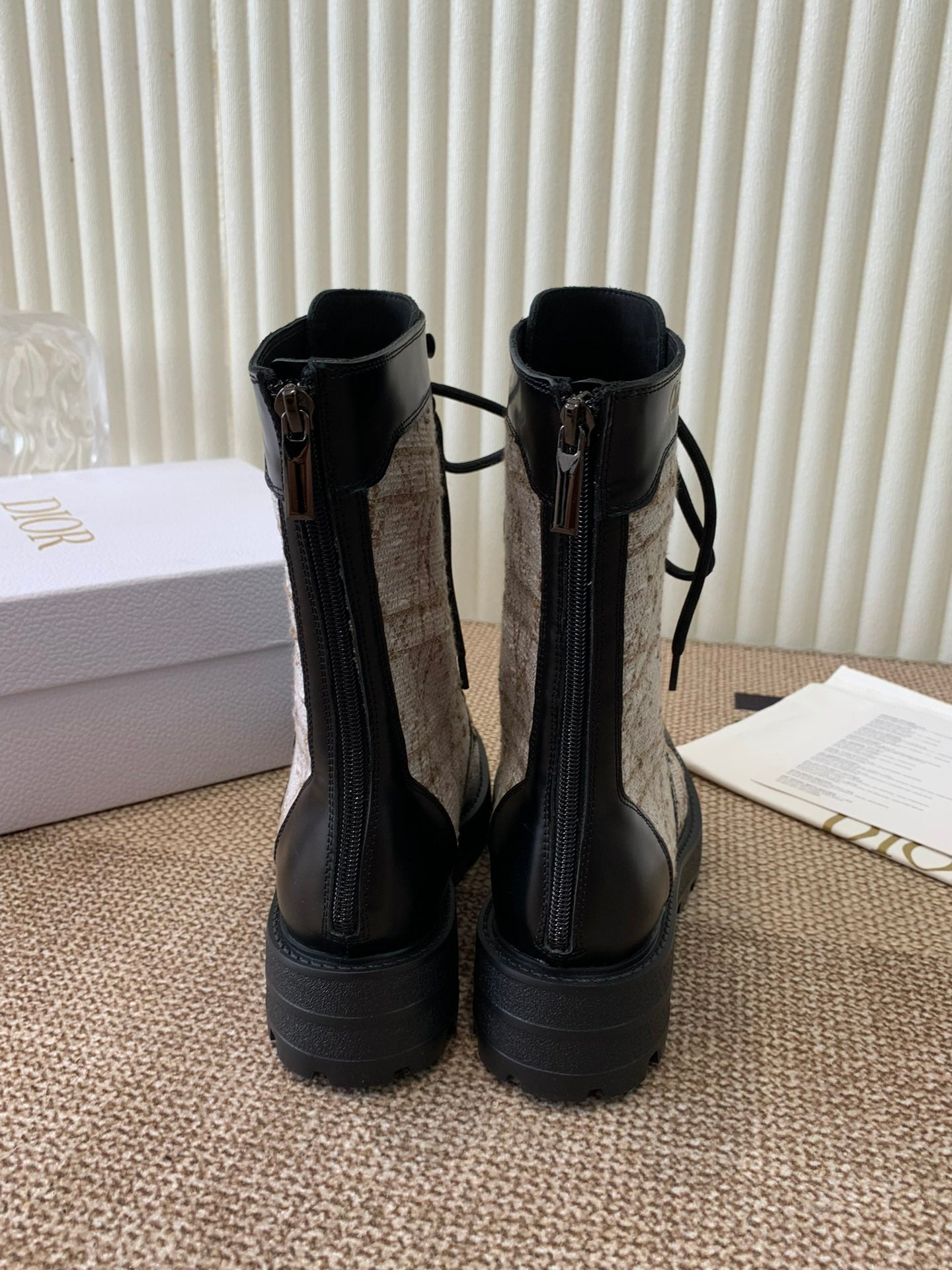 DIOR D-Unit Ankle Boot In Beige Mix Black Tweed Fabric And Cowhide 113478