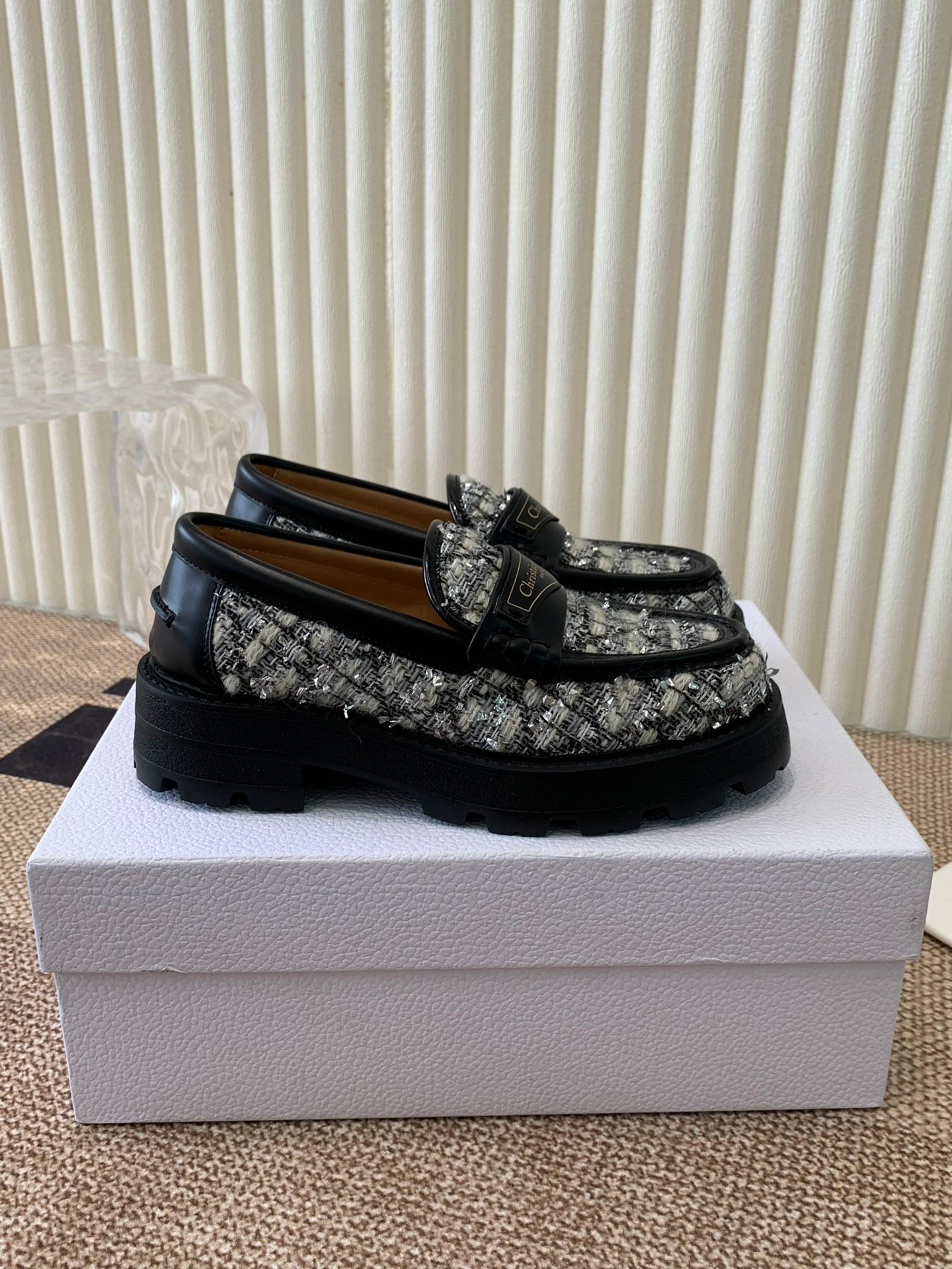 DIOR Boy Platform Loafer In Black Mix White Tweed Fabric And Cowhide 113485