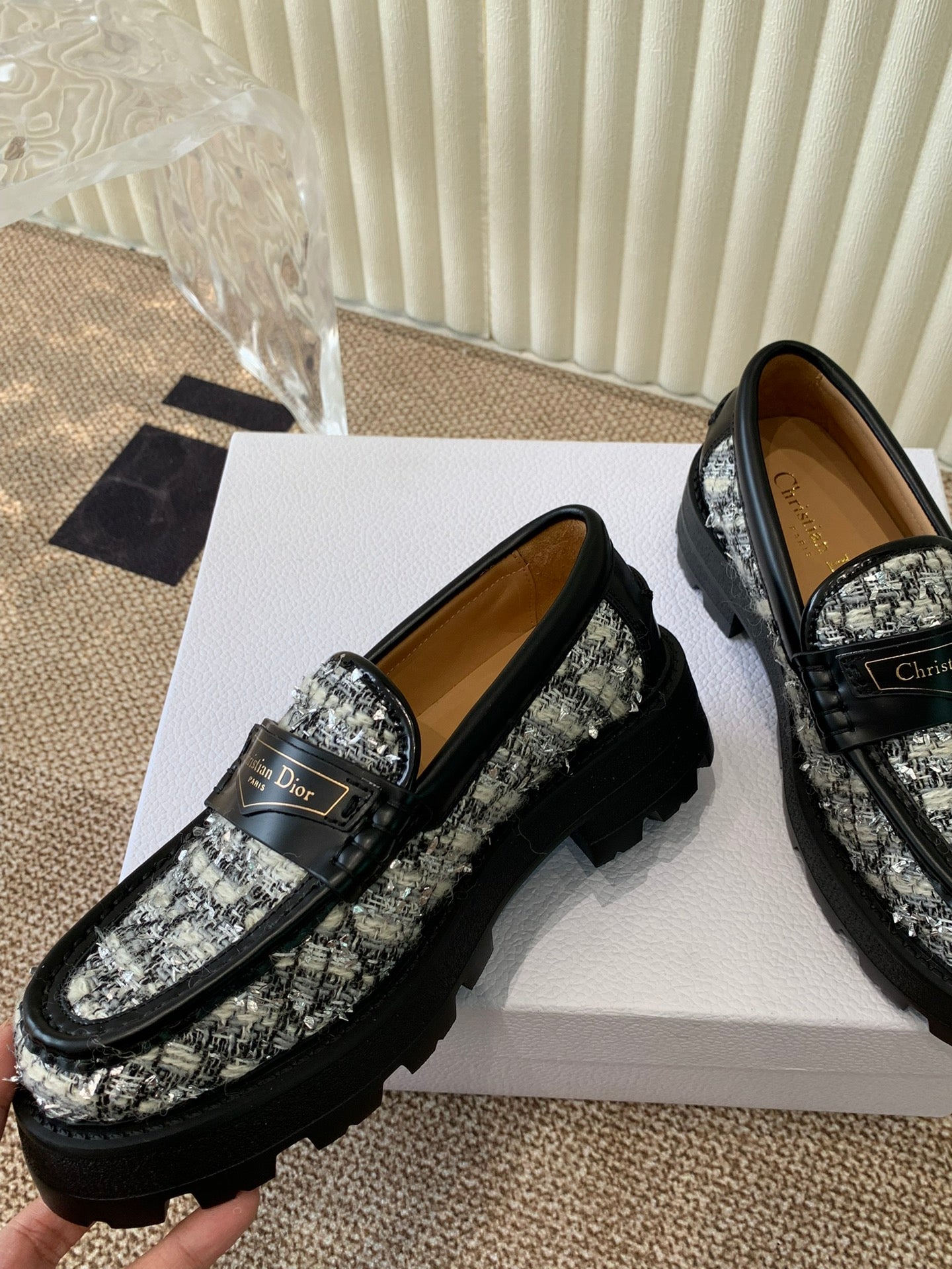 DIOR Boy Platform Loafer In Black Mix White Tweed Fabric And Cowhide 113485