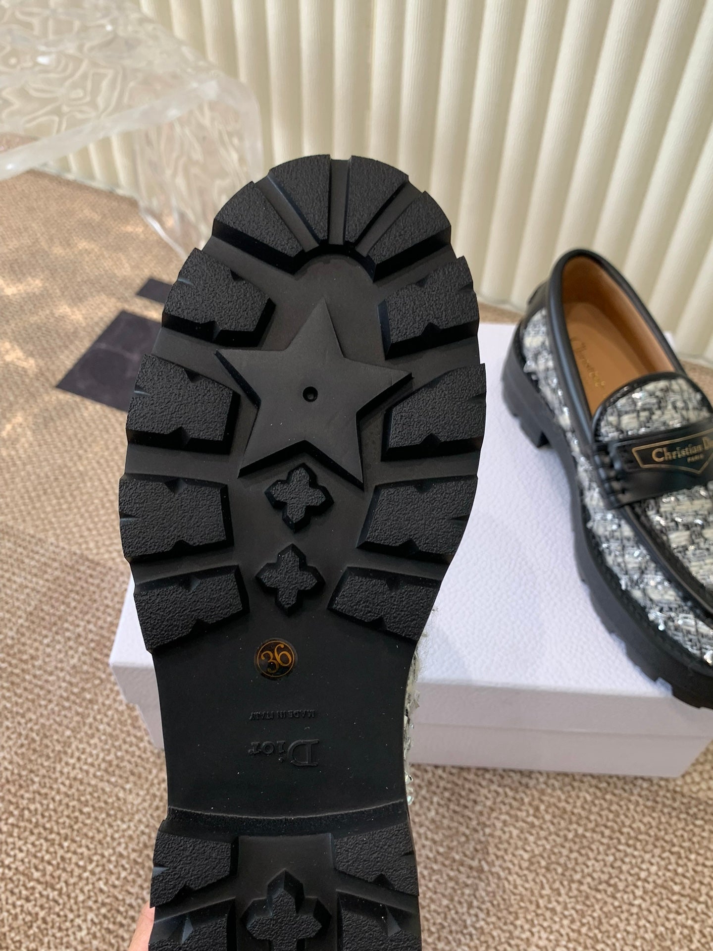 DIOR Boy Platform Loafer In Black Mix White Tweed Fabric And Cowhide 113485