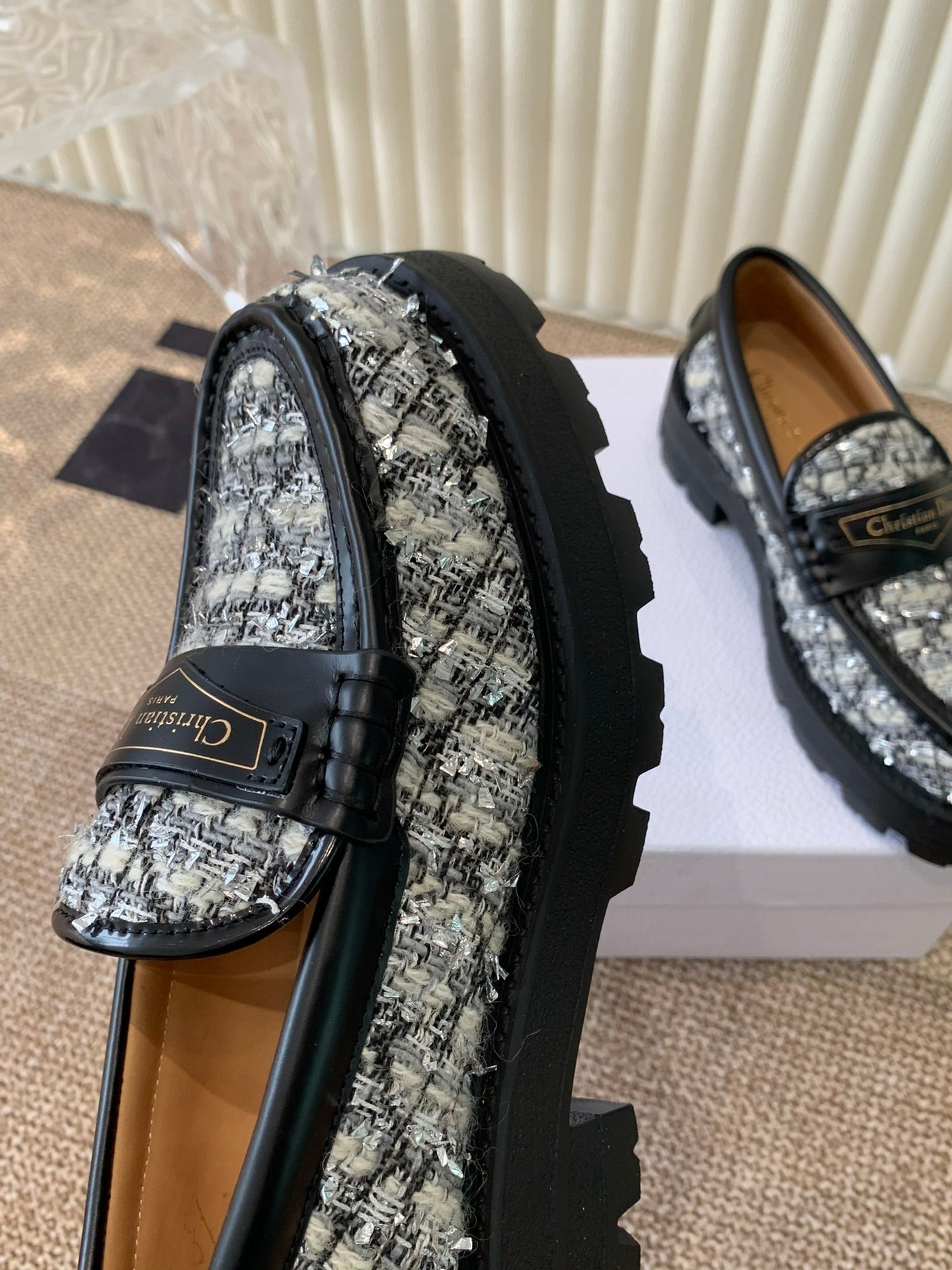DIOR Boy Platform Loafer In Black Mix White Tweed Fabric And Cowhide 113485