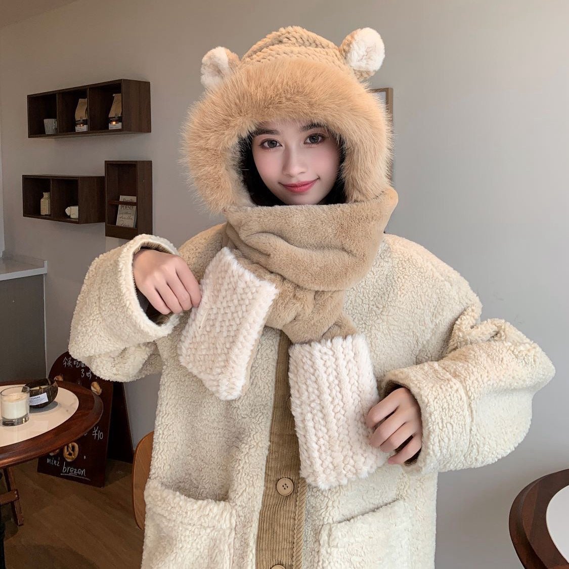 CHANEL BALACLAVA HAT IN CAMEL BEIGE MIX WHITE FLEECE 422215