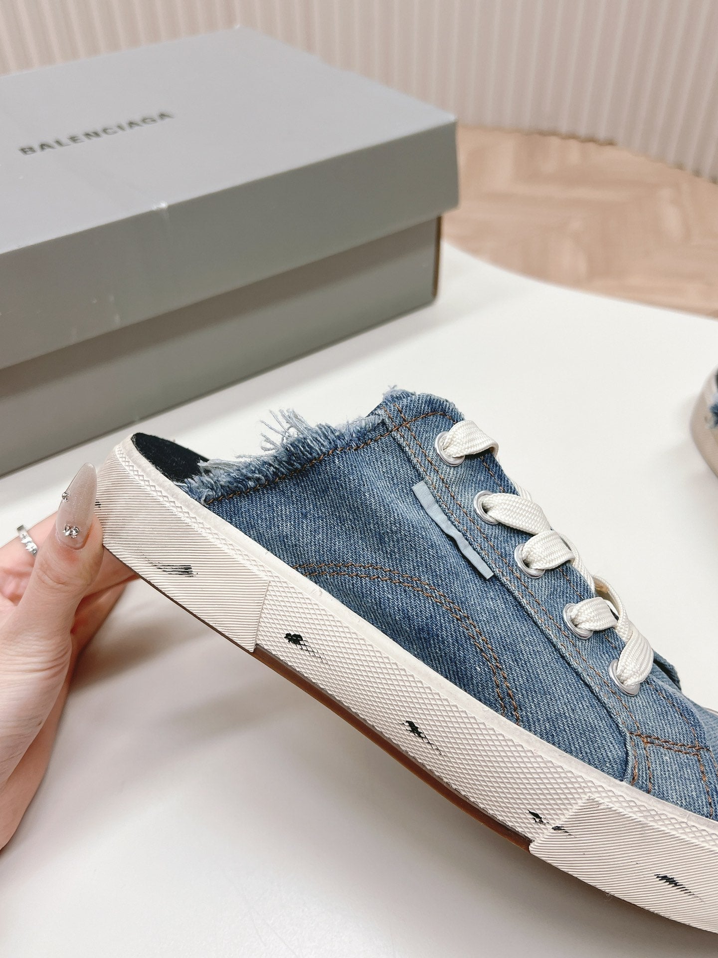 Balanciaga PARIS MULES IN BLUE DESTROYED DENIM AND RUBBER