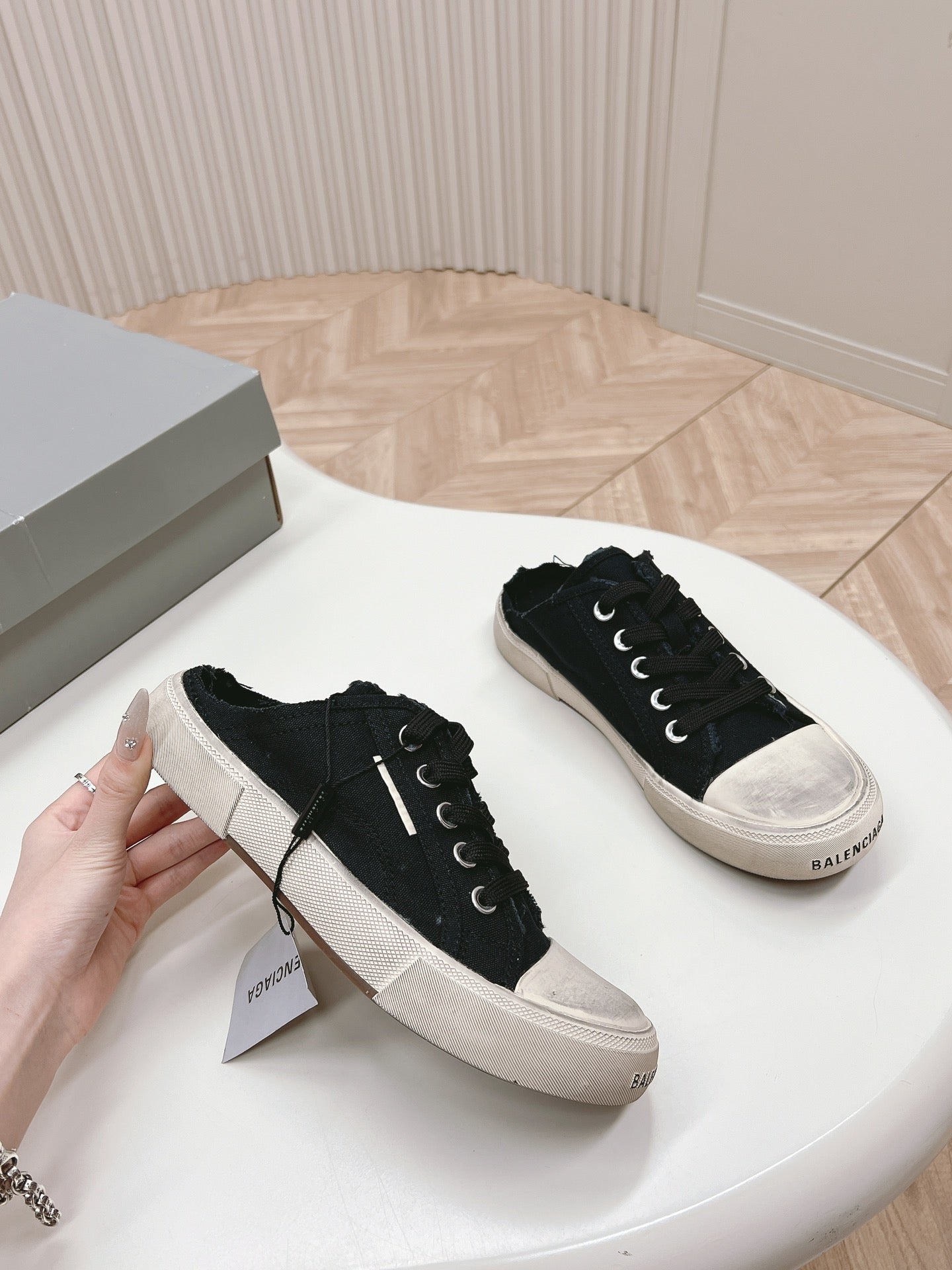 Balanciaga PARIS MULES IN BLACK DESTROYED DENIM AND RUBBER