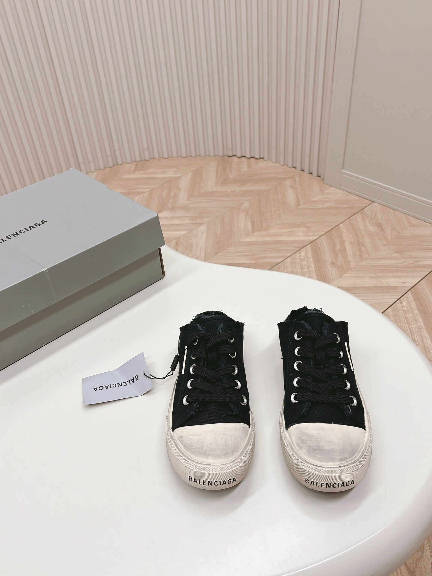Balanciaga PARIS MULES IN BLACK DESTROYED DENIM AND RUBBER