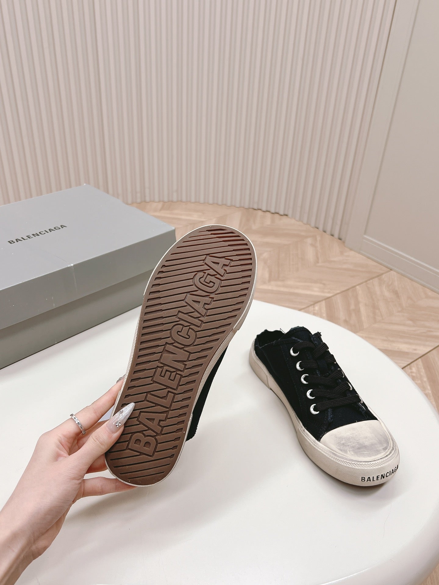 Balanciaga PARIS MULES IN BLACK DESTROYED DENIM AND RUBBER