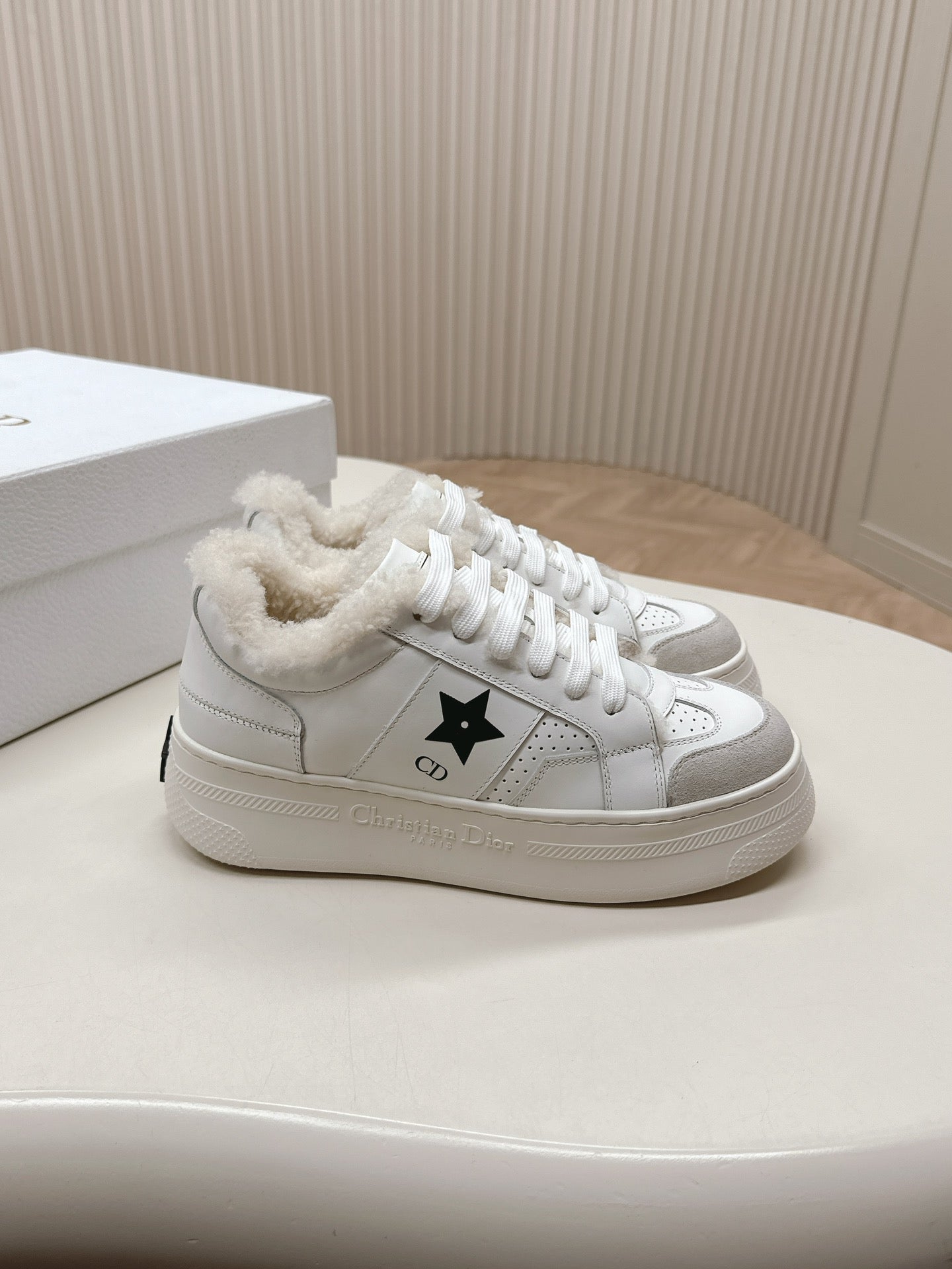DIOR DIOR Star Platform Sneaker Fleece Lining White Lambskin And Suede