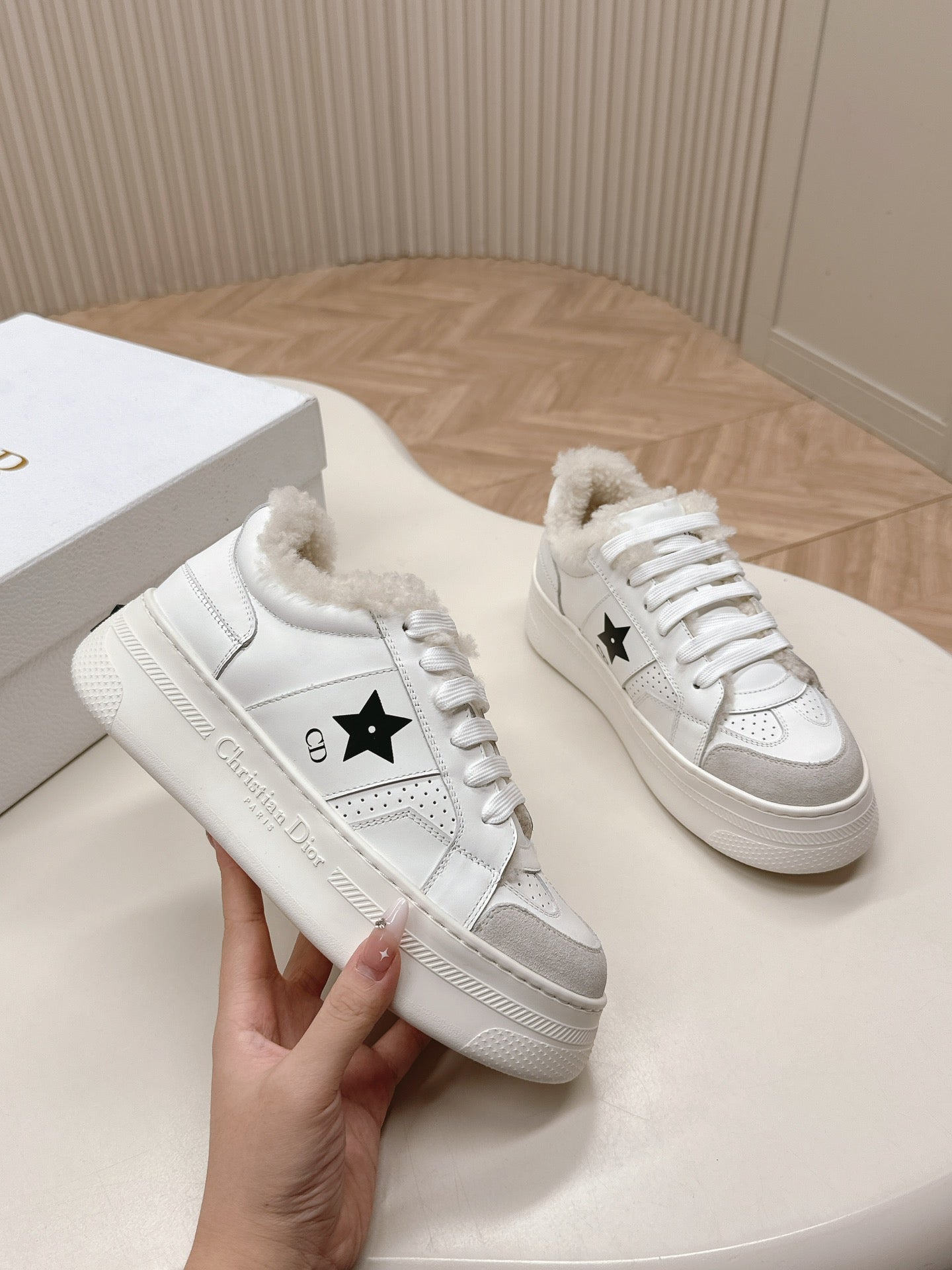 DIOR DIOR Star Platform Sneaker Fleece Lining White Lambskin And Suede
