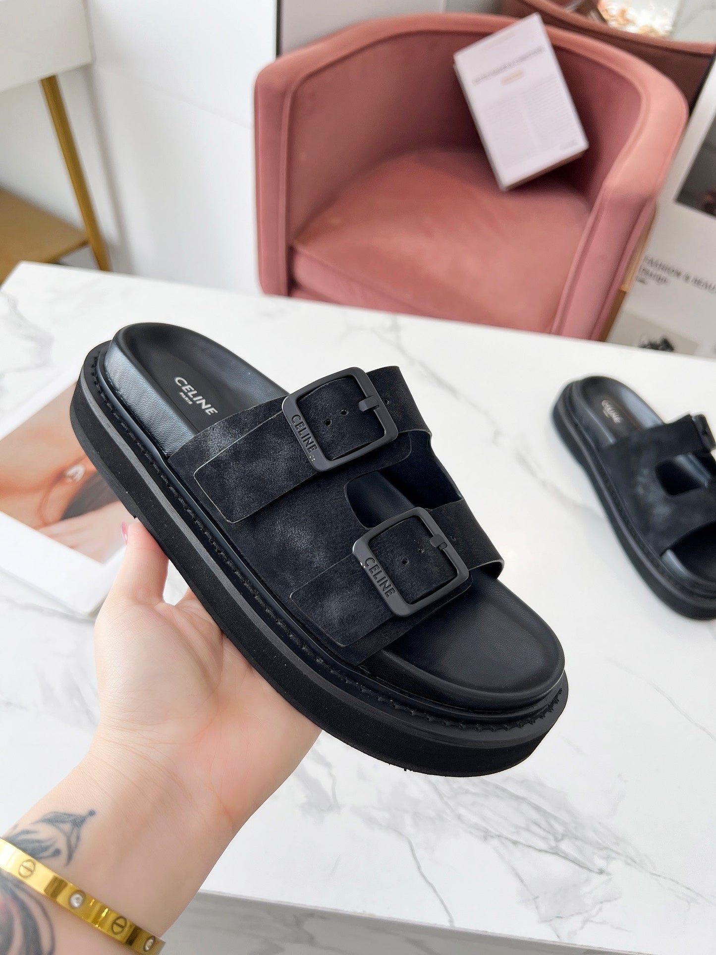 Celine Celine 25C Dad Sandal Mule Black Leather 238143