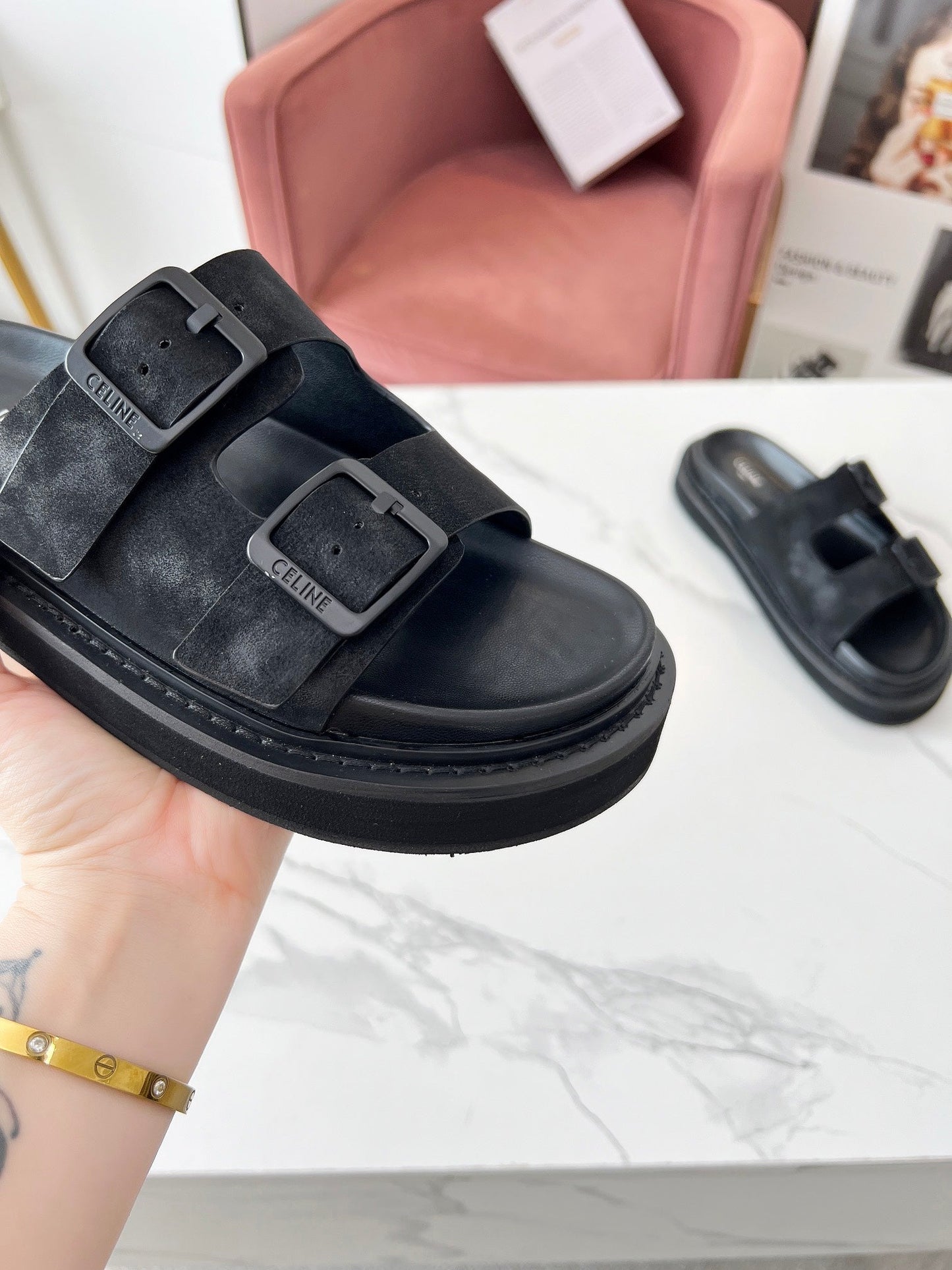 Celine Celine 25C Dad Sandal Mule Black Leather 238143