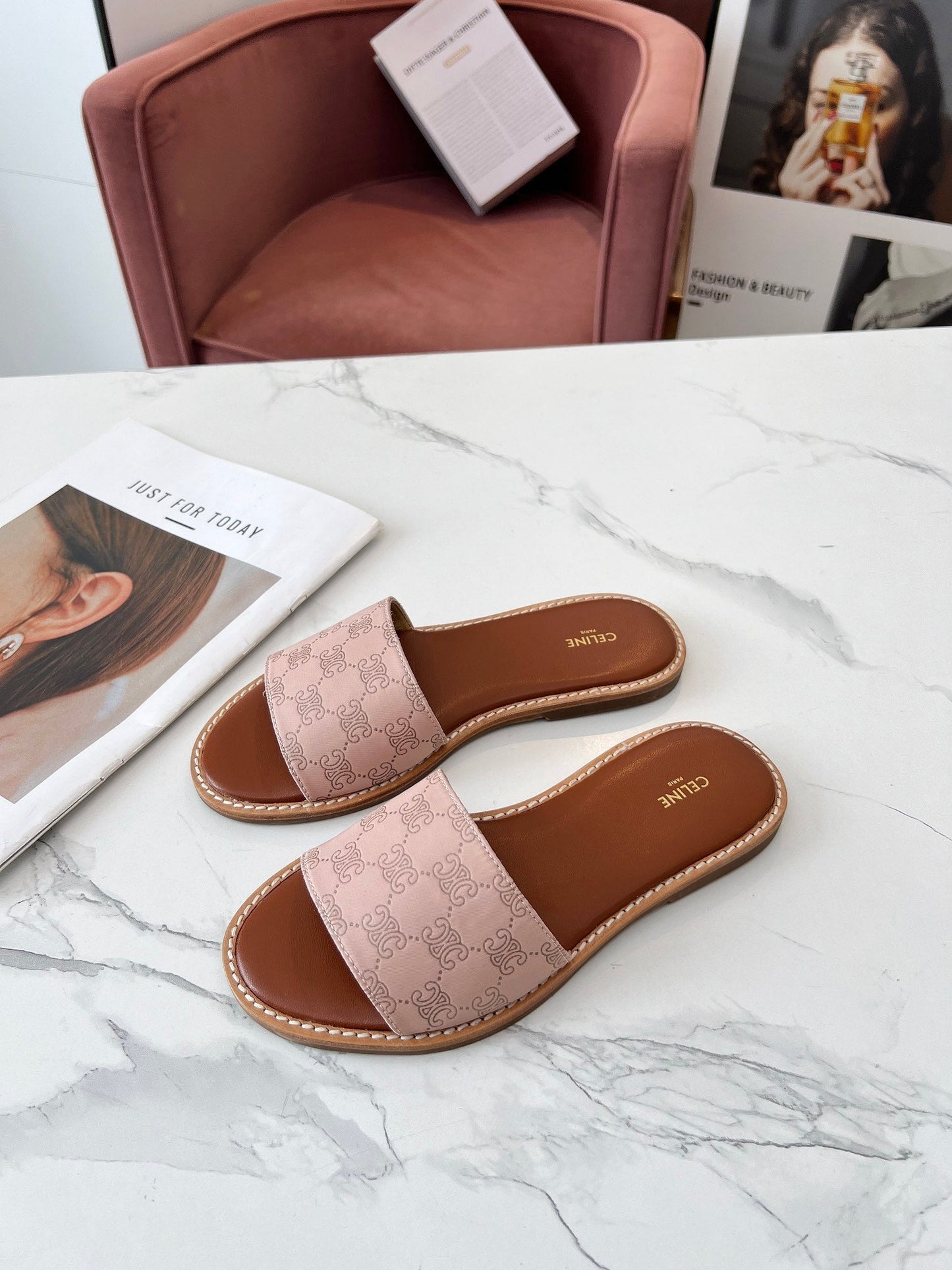 Celine Celine 25C Slippers Pink Pastel Monagram Silk with Calfskin 238146