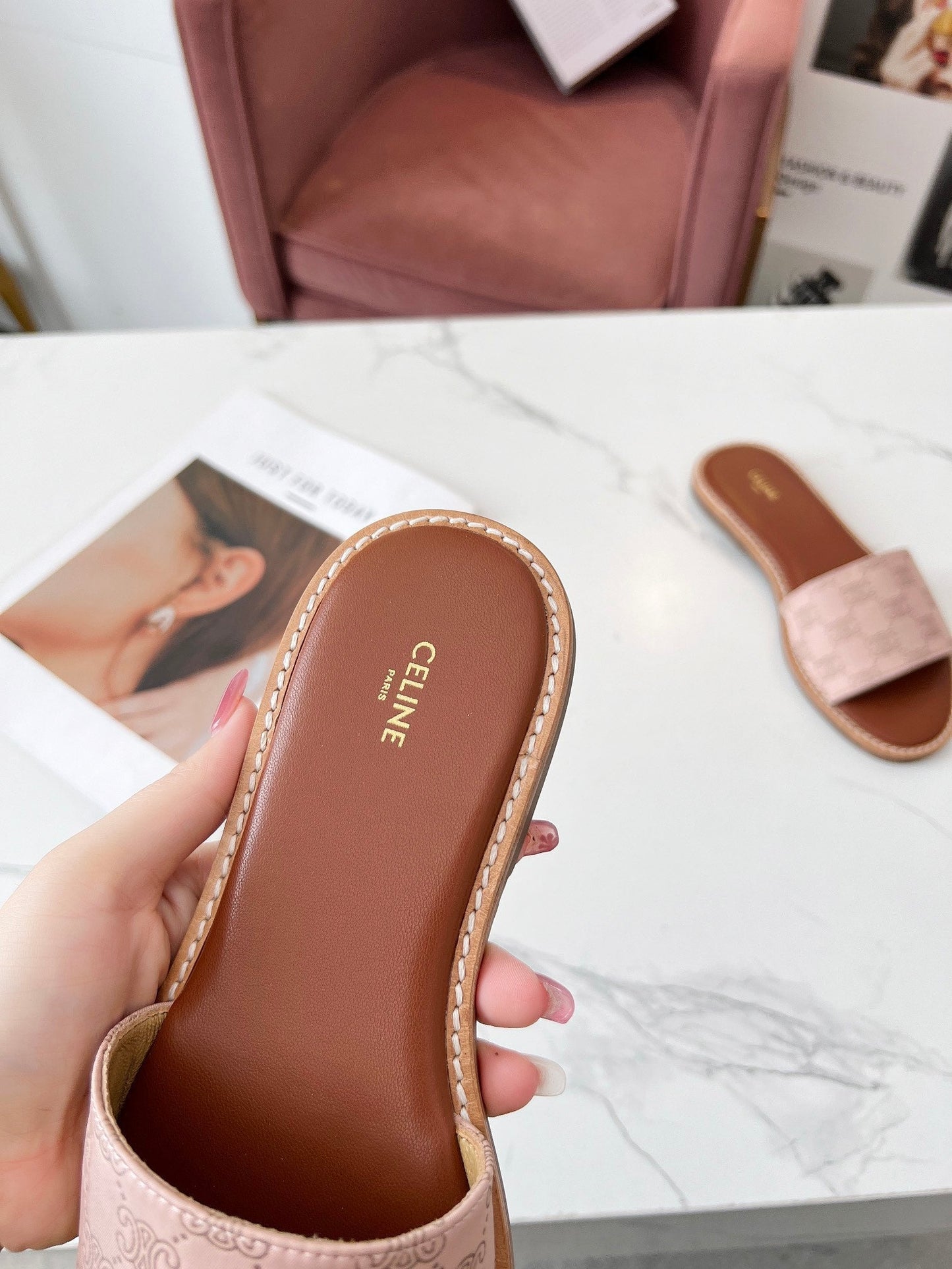 Celine Celine 25C Slippers Pink Pastel Monagram Silk with Calfskin 238146