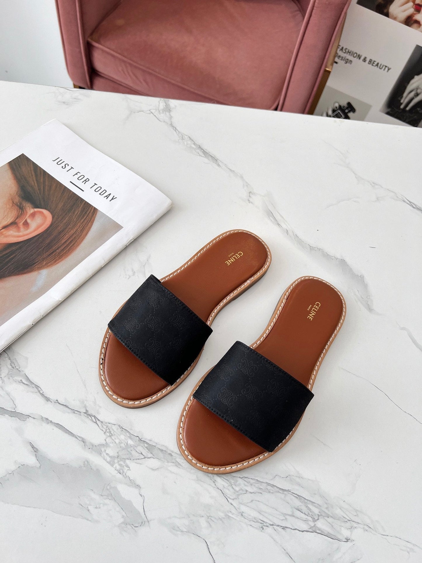 Celine Celine 25C Slippers Black Monagram Silk with Calfskin 238147