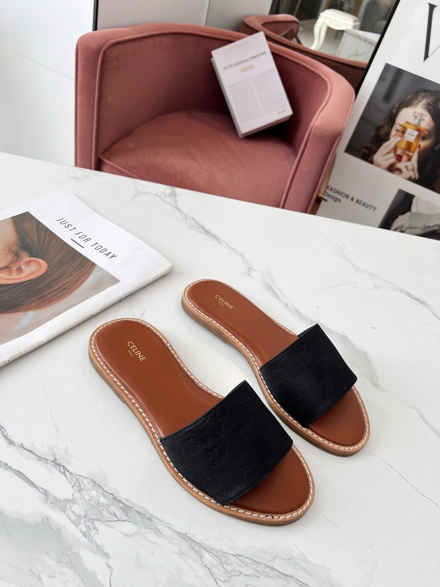 Celine Celine 25C Slippers Black Monagram Silk with Calfskin 238147