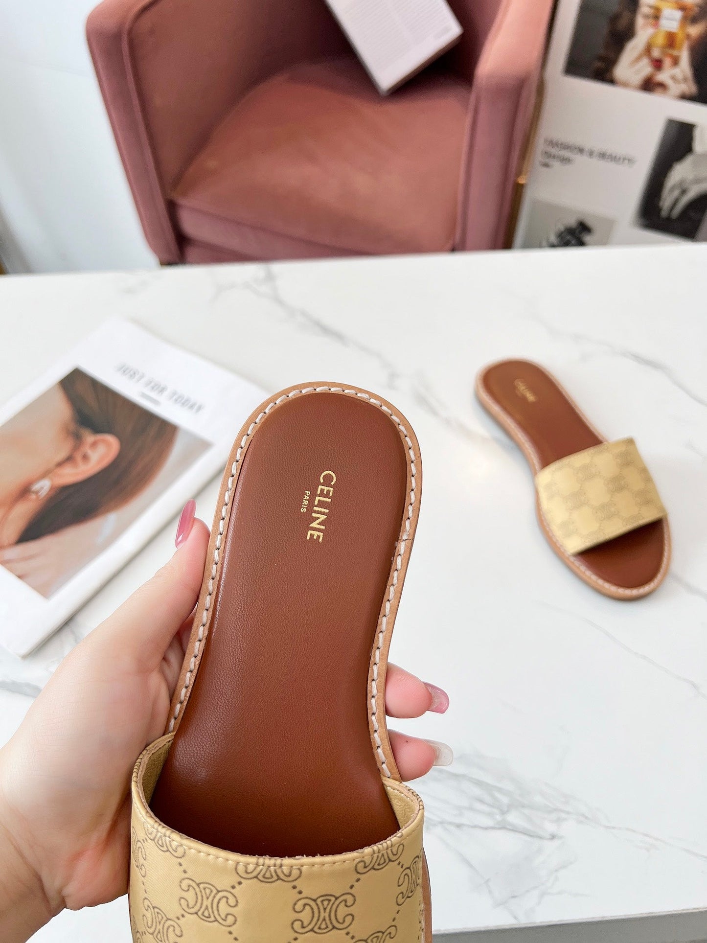Celine Celine 25C Slippers Egg Nog Monagram Silk with Calfskin 238148