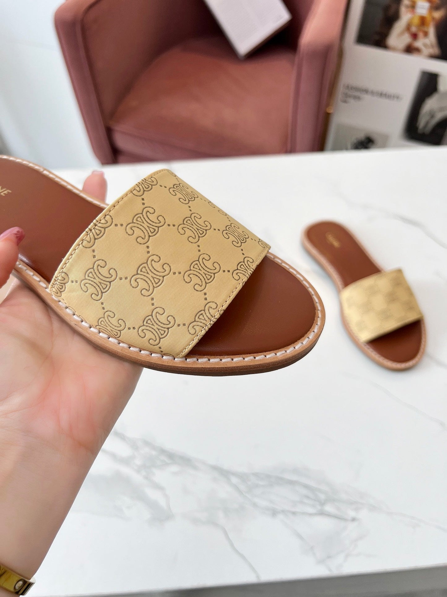 Celine Celine 25C Slippers Egg Nog Monagram Silk with Calfskin 238148