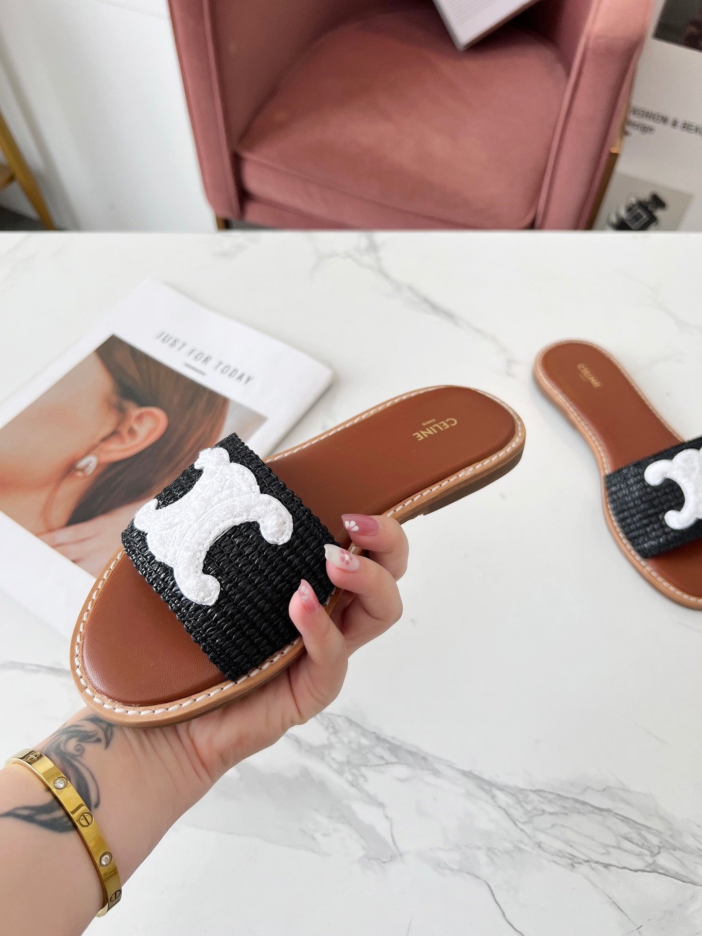 Celine Celine 25C Slippers Black mix White Fabric with Calfskin 238151