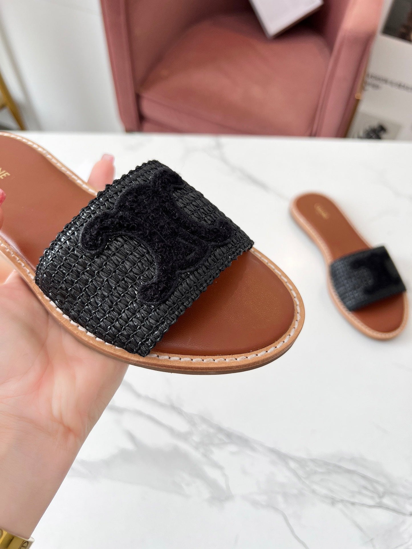 Celine Celine 25C Slippers Black Fabric with Calfskin 238155