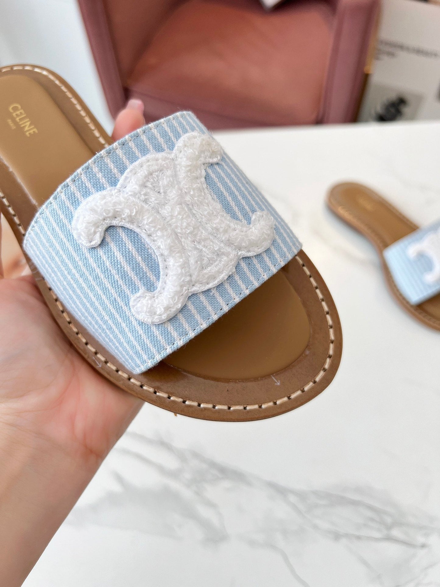 Celine Celine 25C Slippers Baby Blue mix White Fabric with Calfskin 238165