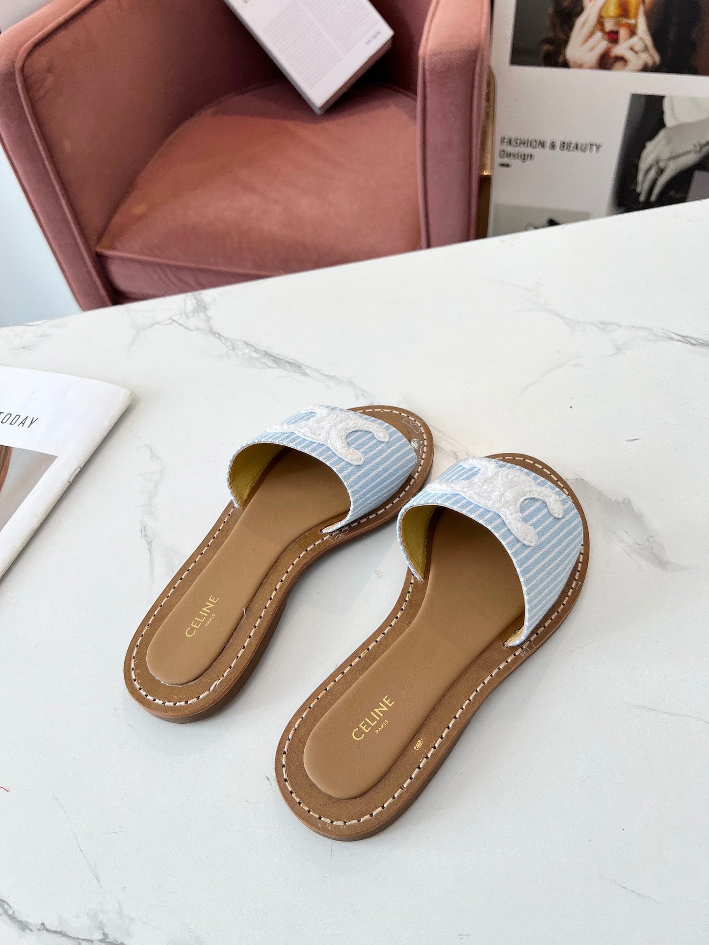 Celine Celine 25C Slippers Baby Blue mix White Fabric with Calfskin 238165
